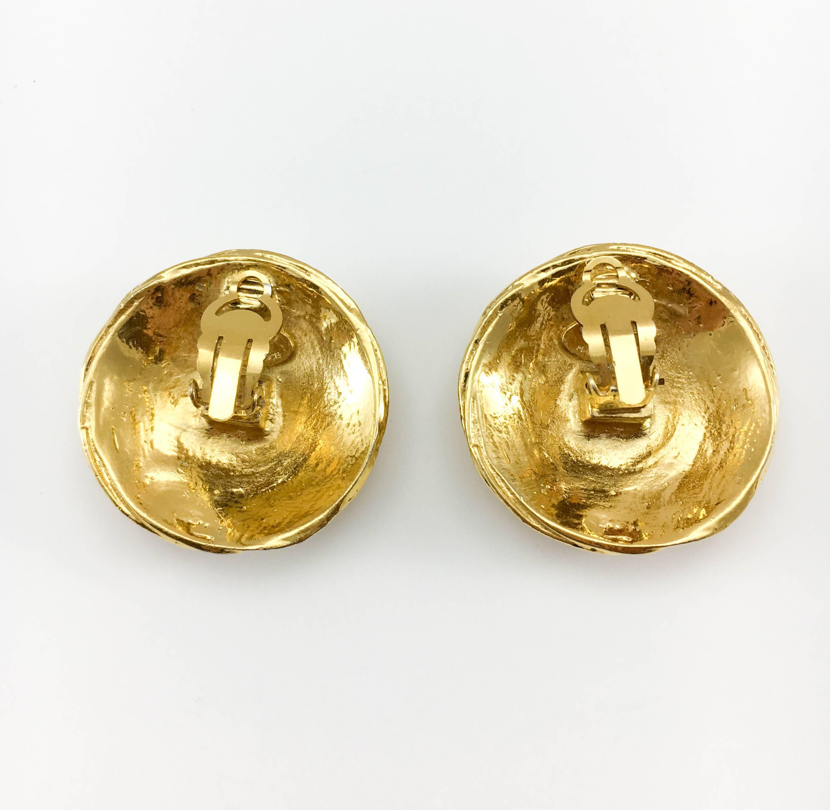 Women's Chanel Gold-Plated Texturised Round Logo Earrings, Circa 1988