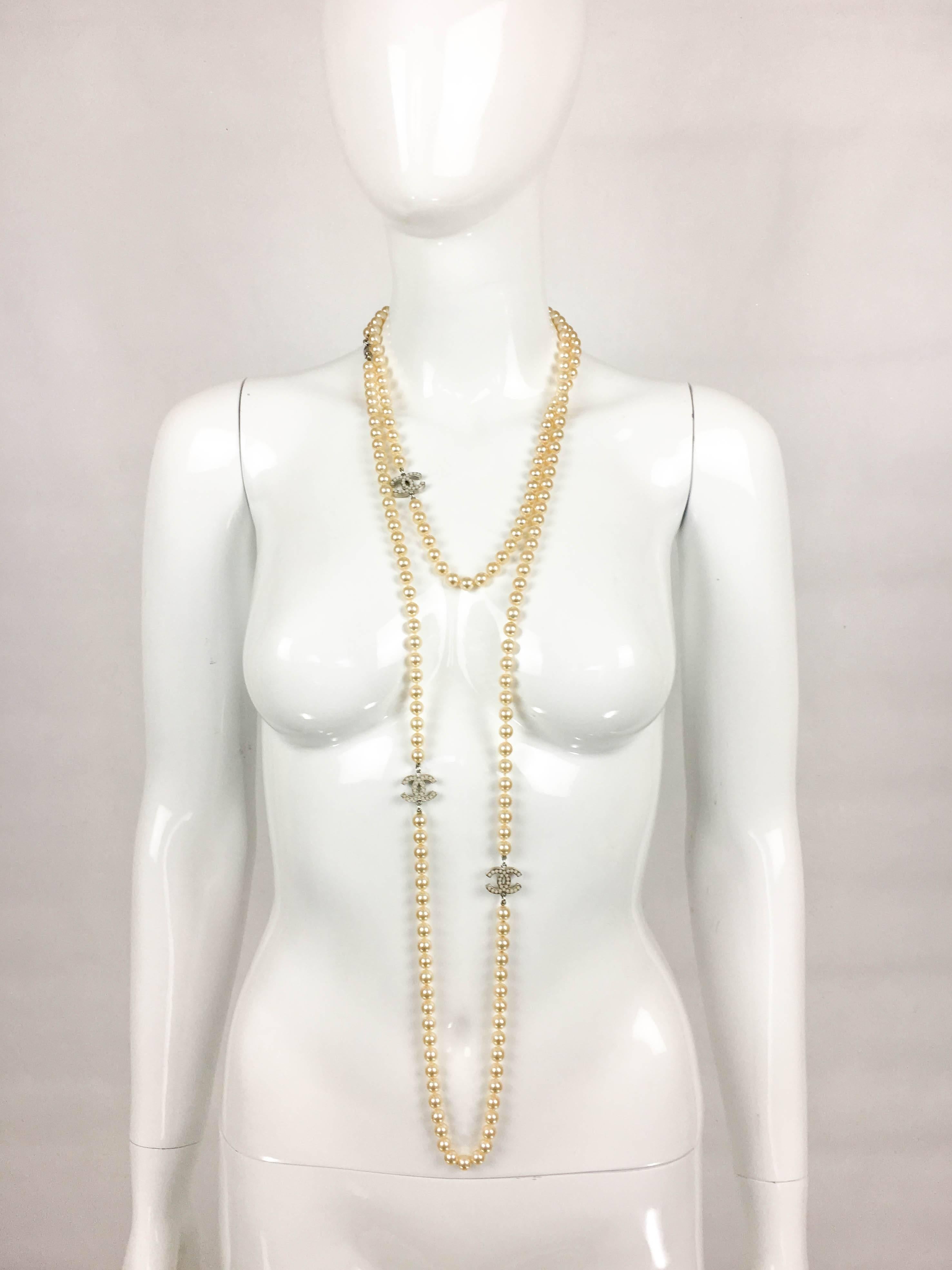 2008 Chanel Long Pearl Sautoir Necklace with 3 Inset Pearl 'CC' Logos 1