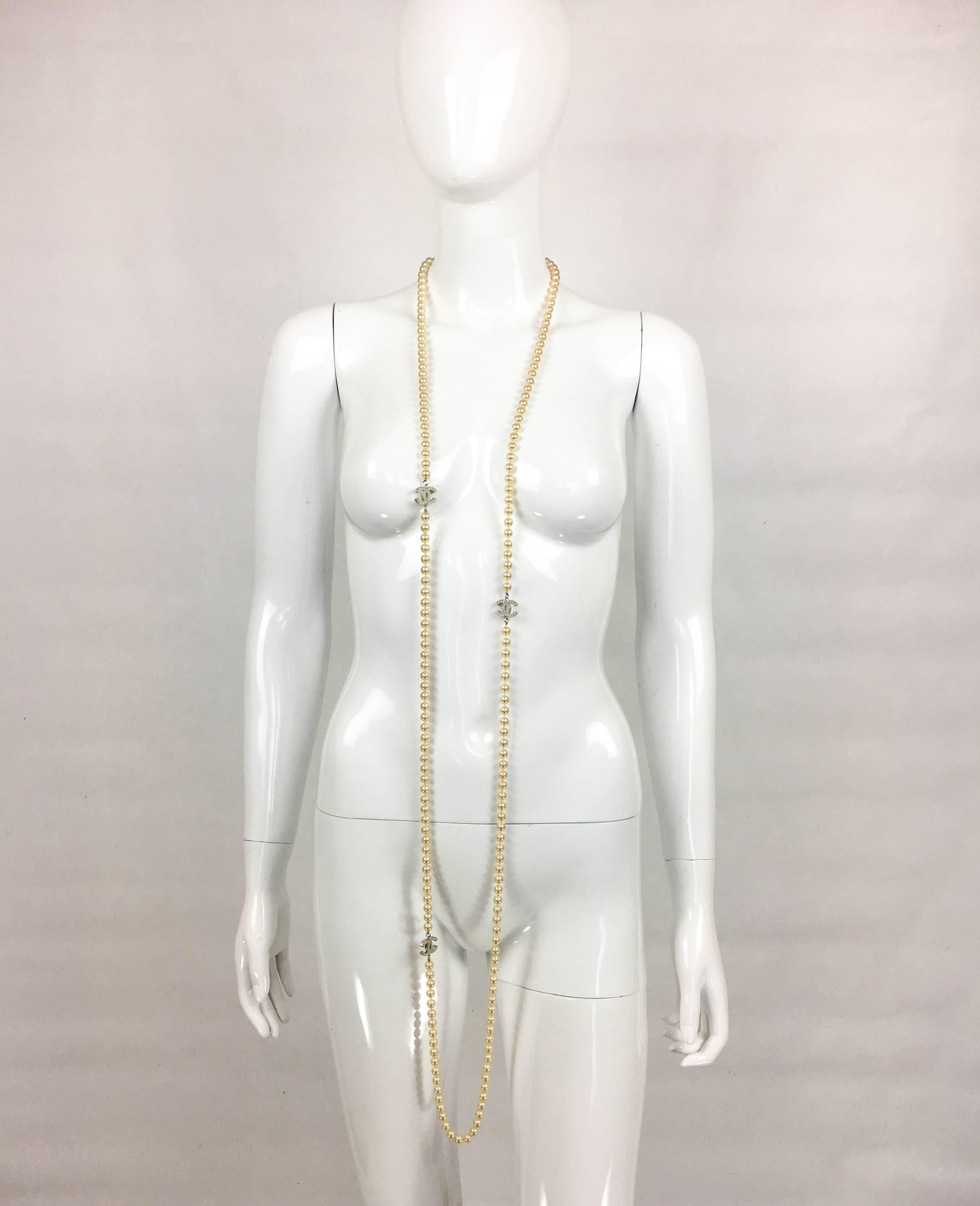 2008 Chanel Long Pearl Sautoir Necklace with 3 Inset Pearl 'CC' Logos 2