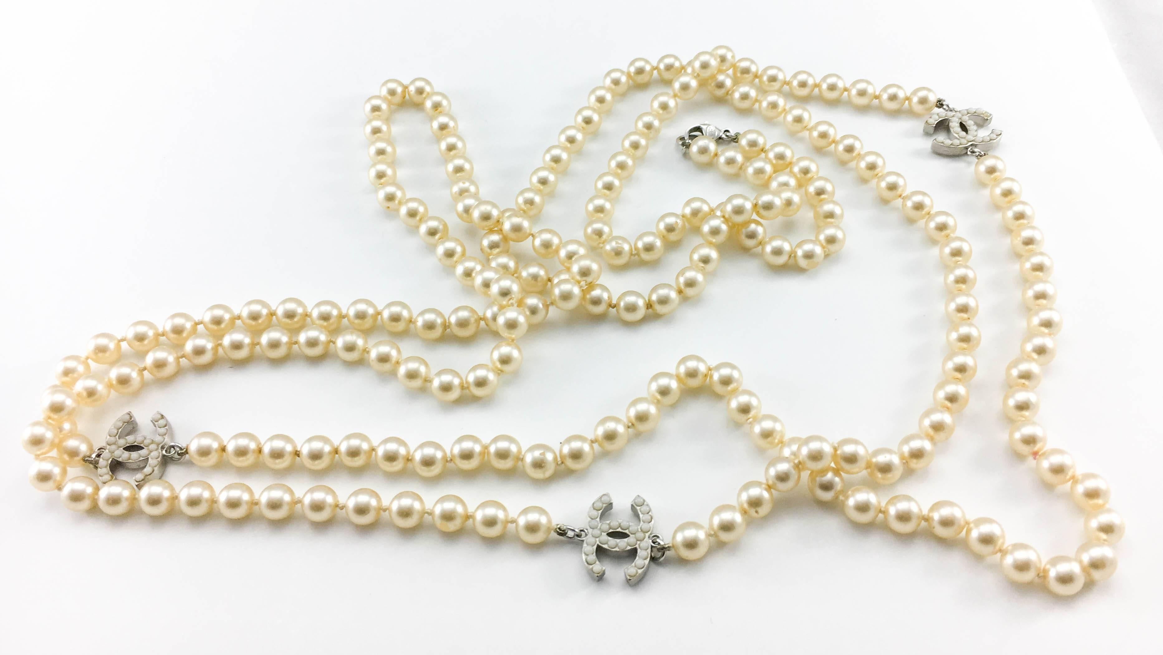 2008 Chanel Long Pearl Sautoir Necklace with 3 Inset Pearl 'CC' Logos 4