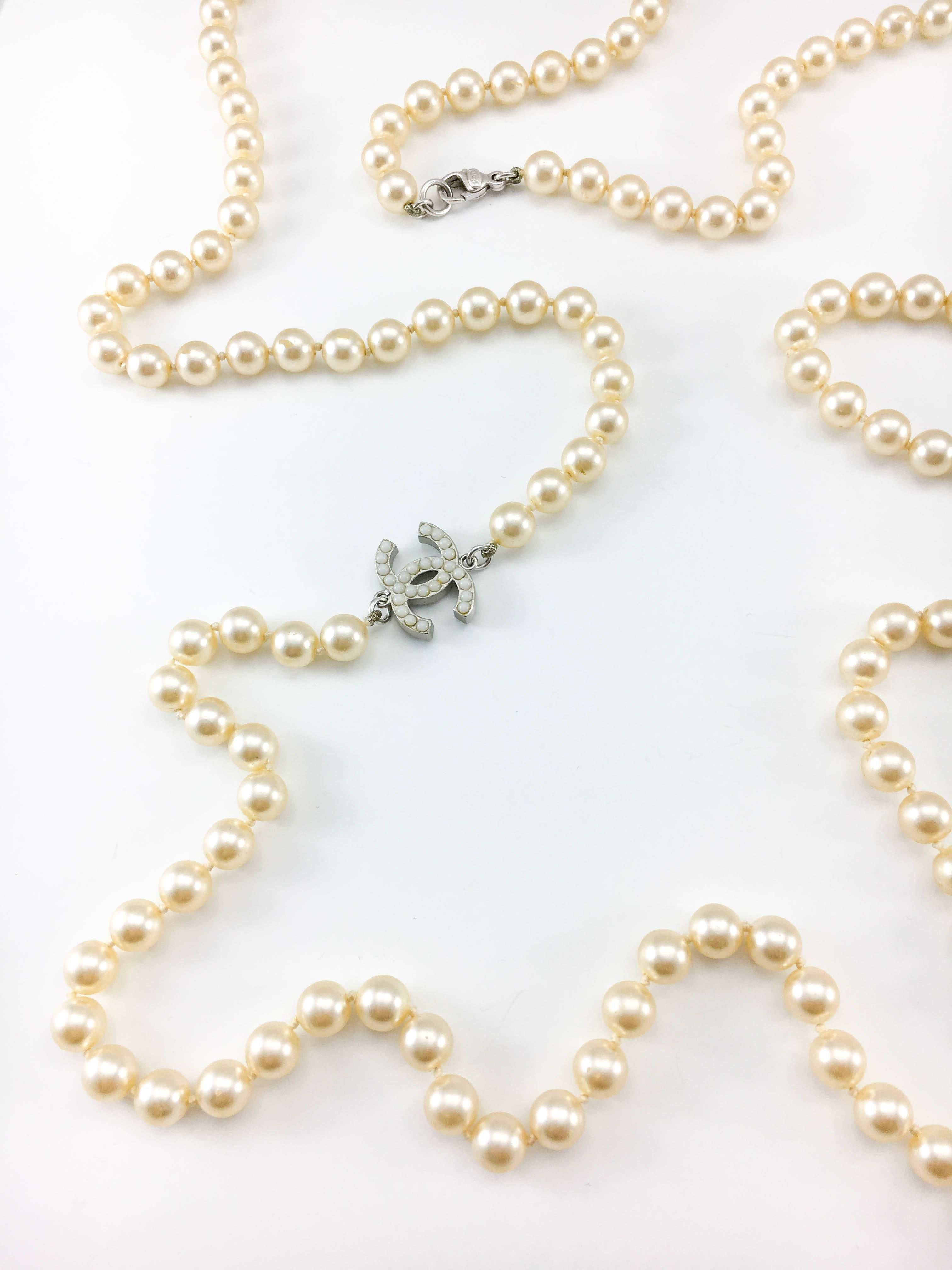 2008 Chanel Long Pearl Sautoir Necklace with 3 Inset Pearl 'CC' Logos 5