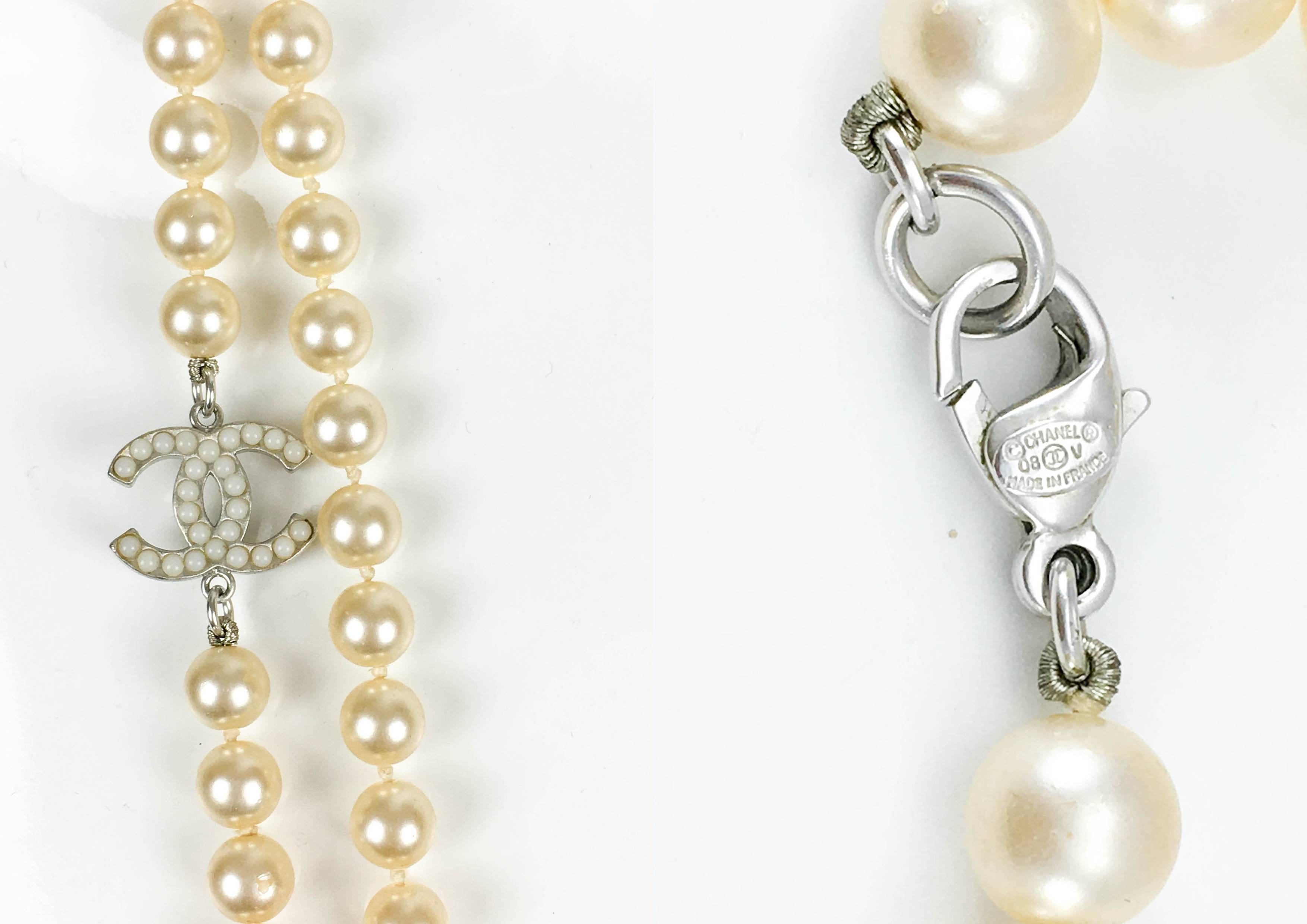 2008 Chanel Long Pearl Sautoir Necklace with 3 Inset Pearl 'CC' Logos 6