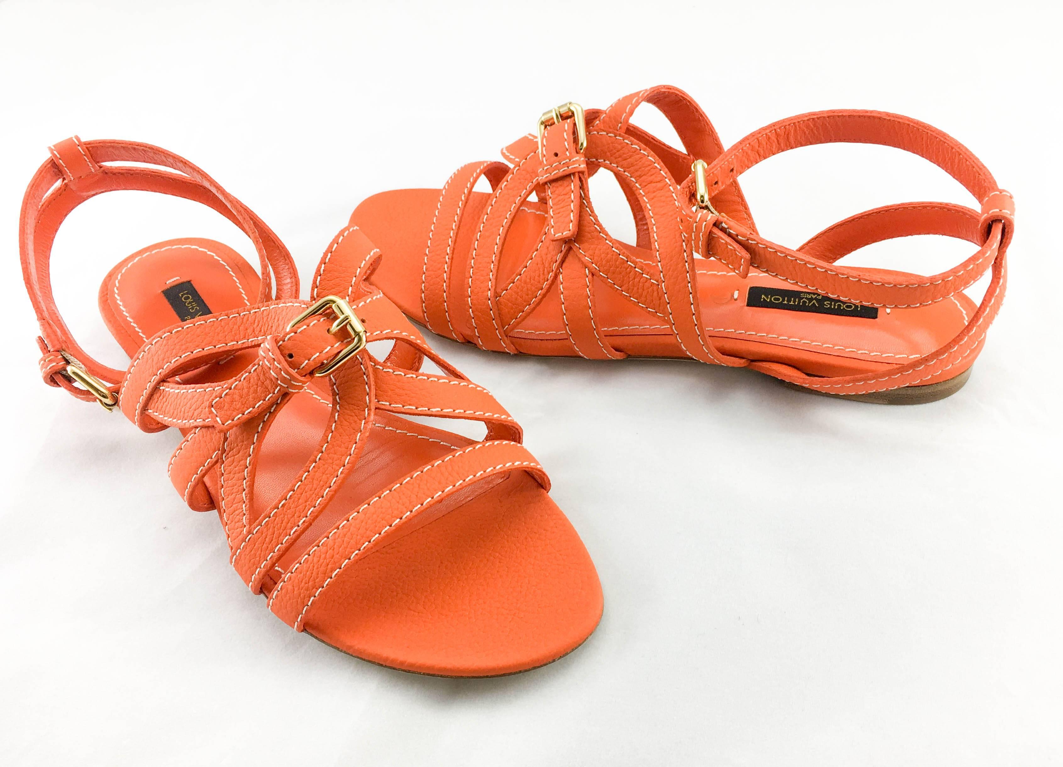Louis Vuitton Orange Leather Flat Sandals In New Condition For Sale In London, Chelsea