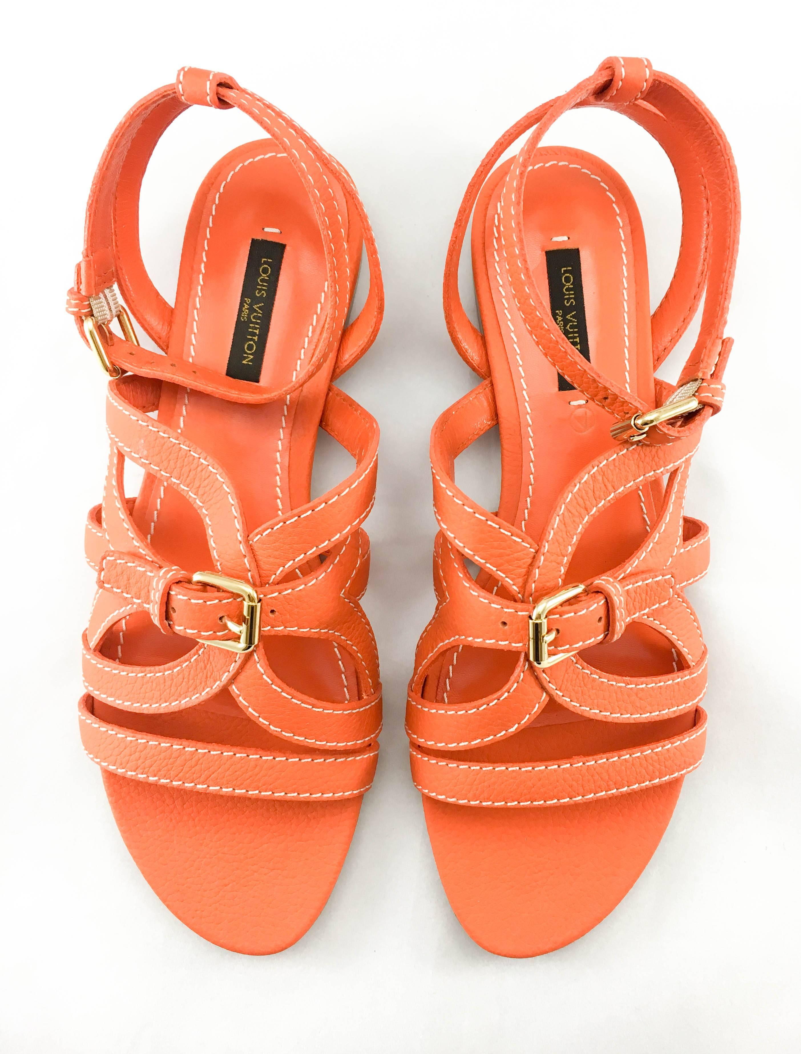 Women's Louis Vuitton Orange Leather Flat Sandals For Sale