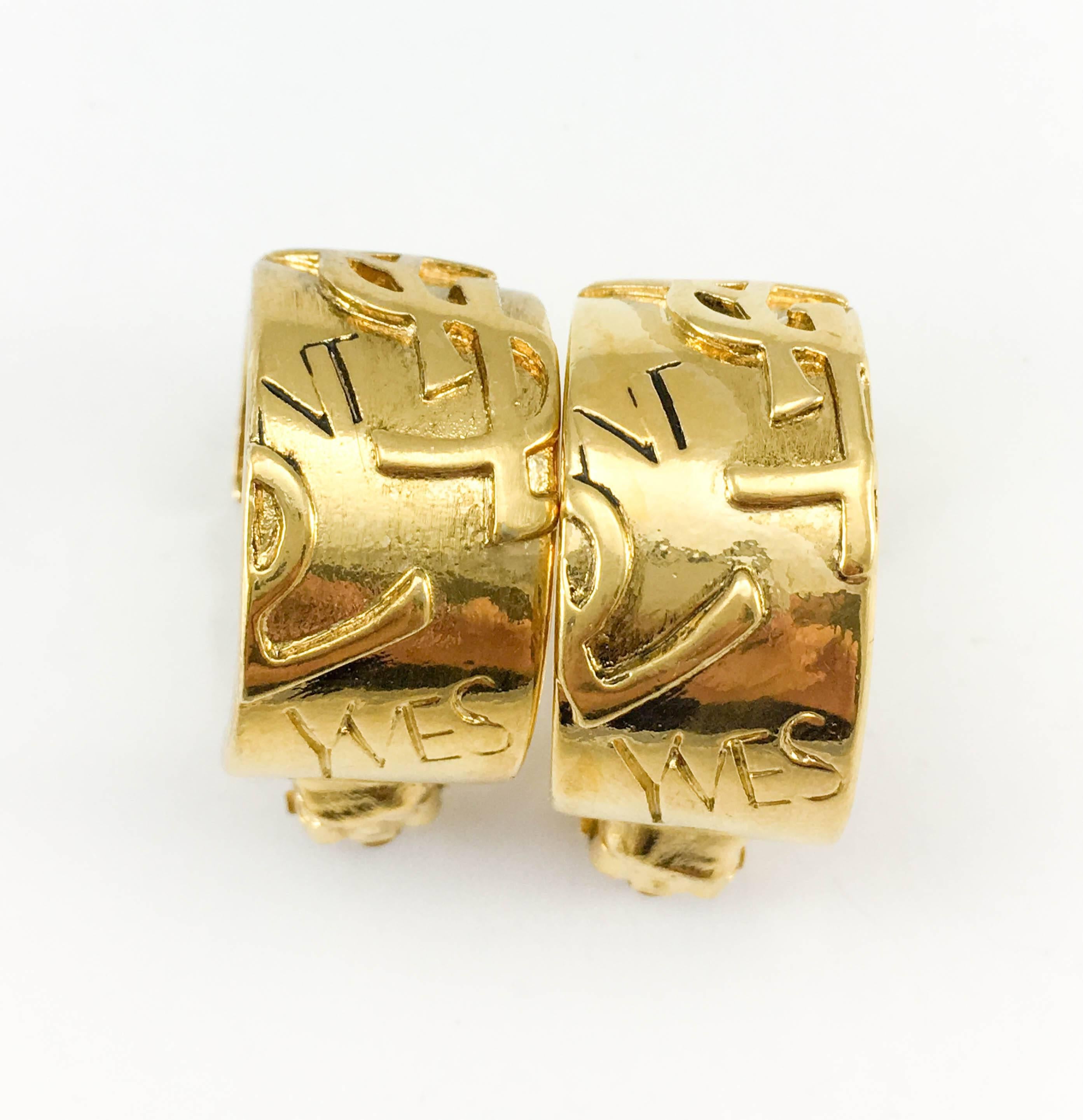 1980s Yves Saint Laurent Gold-Plated Clip-On Logo Hoop Earrings In Excellent Condition In London, Chelsea