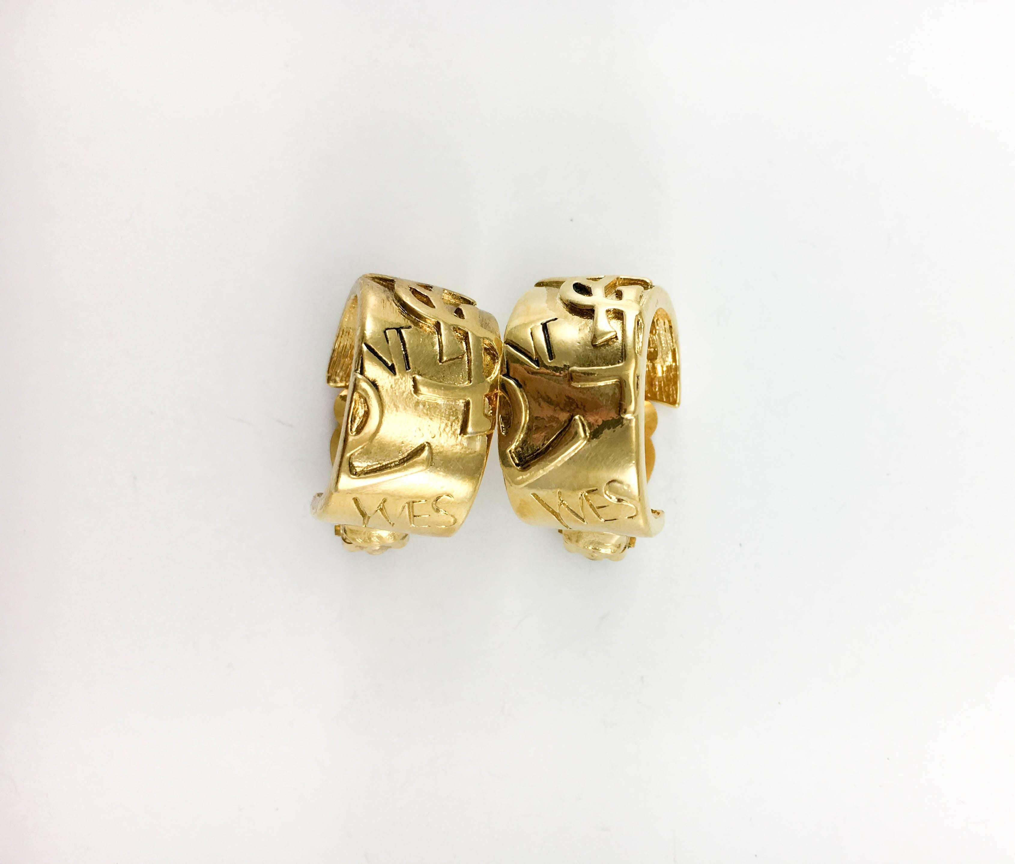 1980s Yves Saint Laurent Gold-Plated Clip-On Logo Hoop Earrings 1