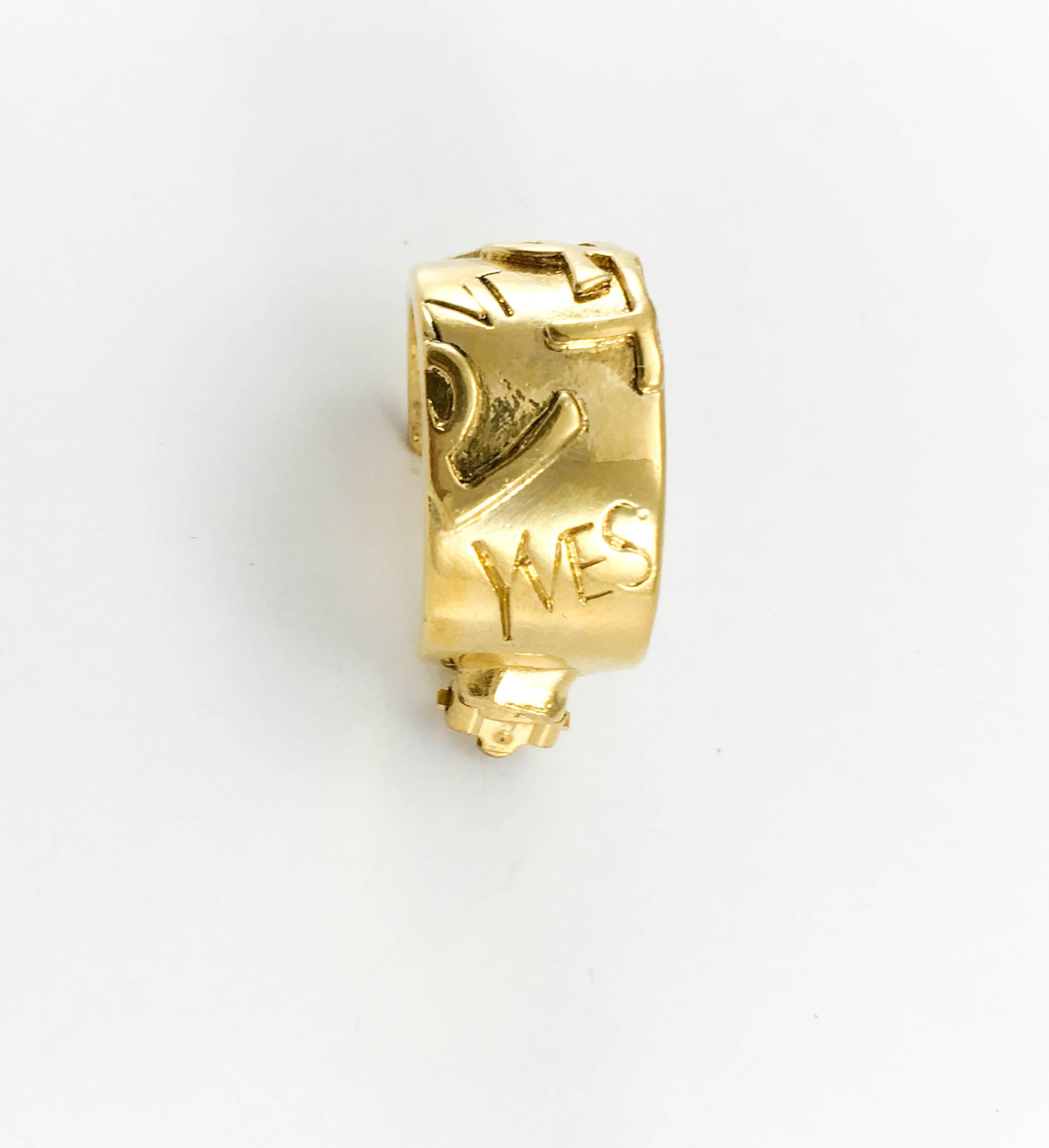 1980s Yves Saint Laurent Gold-Plated Clip-On Logo Hoop Earrings 2