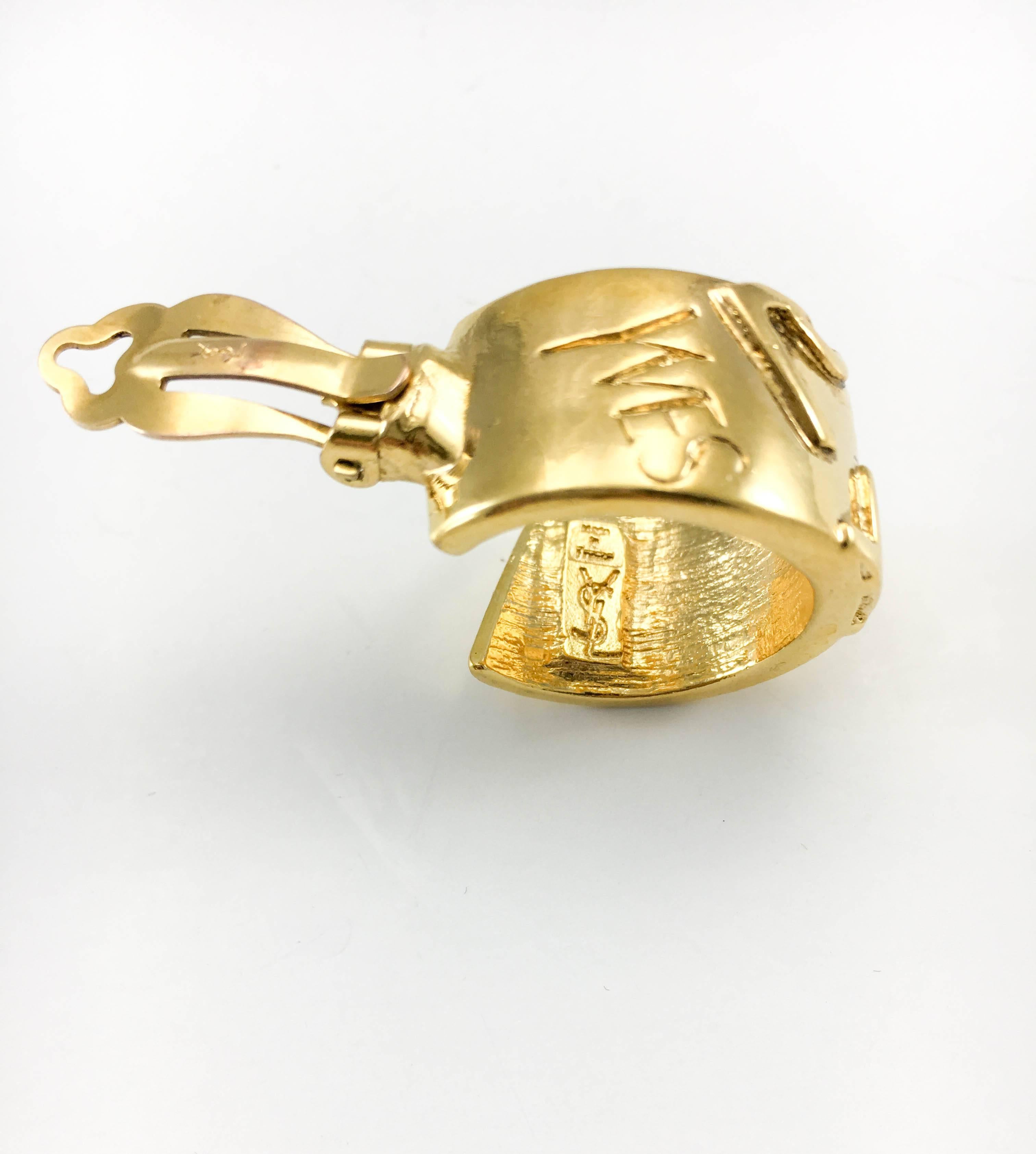 1980s Yves Saint Laurent Gold-Plated Clip-On Logo Hoop Earrings 6