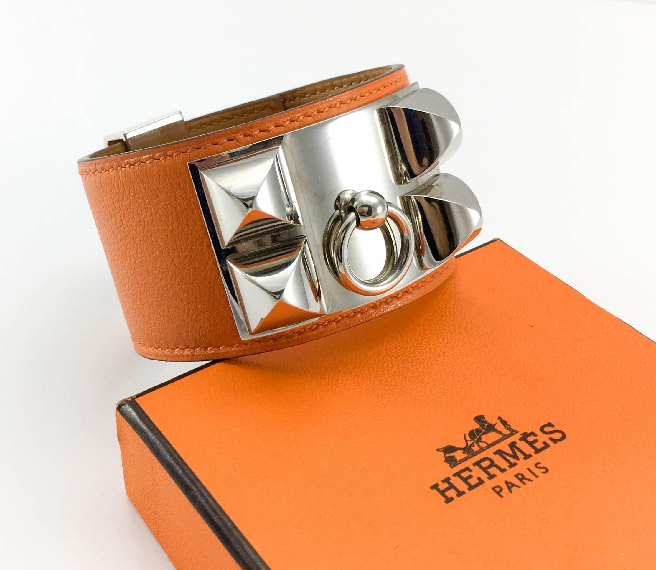 Women's Hermes Collier de Chien (CDC) Orange Swift Leather and Palladium Bracelet