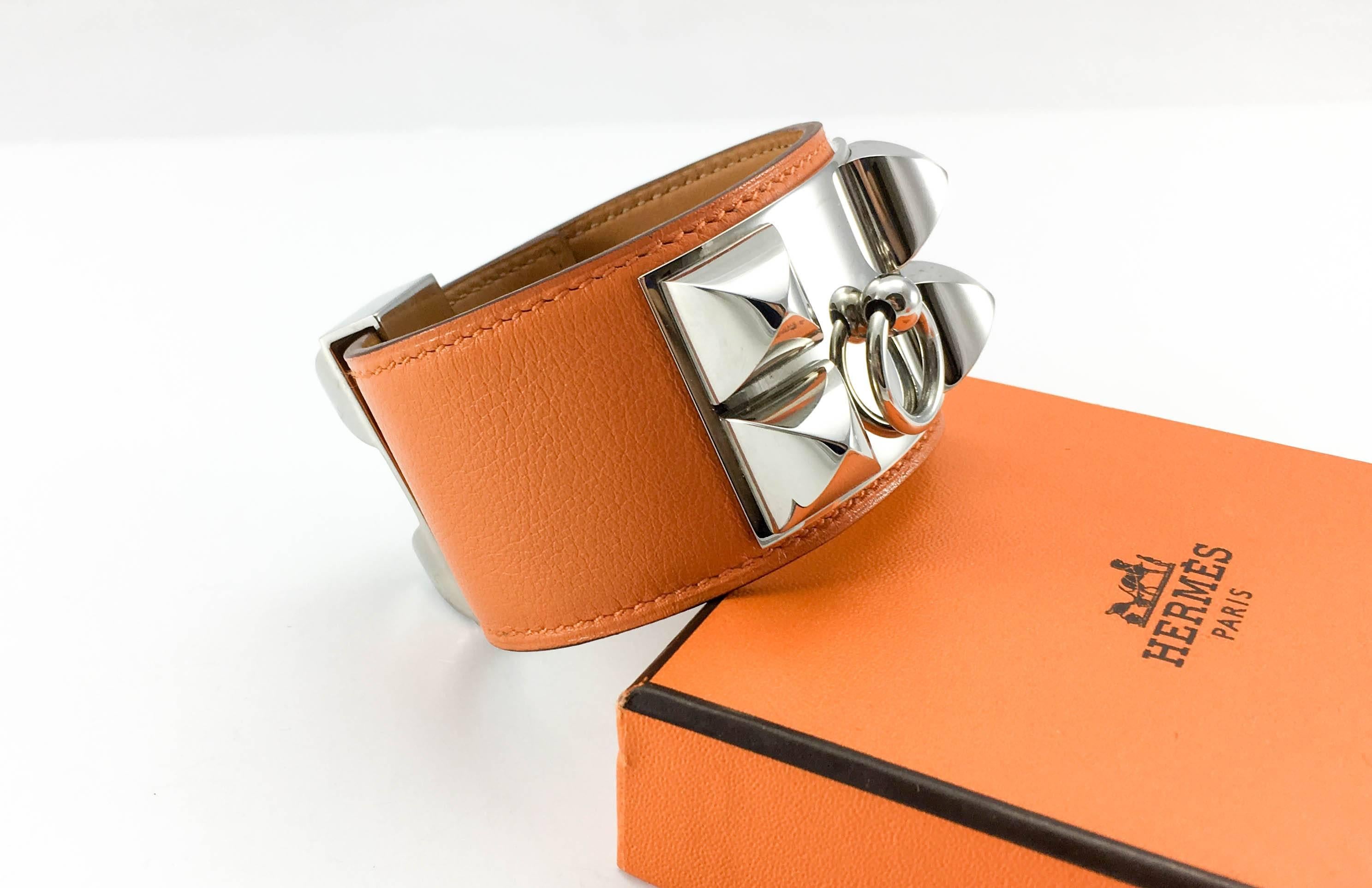 Hermes Collier de Chien (CDC) Orange Swift Leather and Palladium Bracelet 2