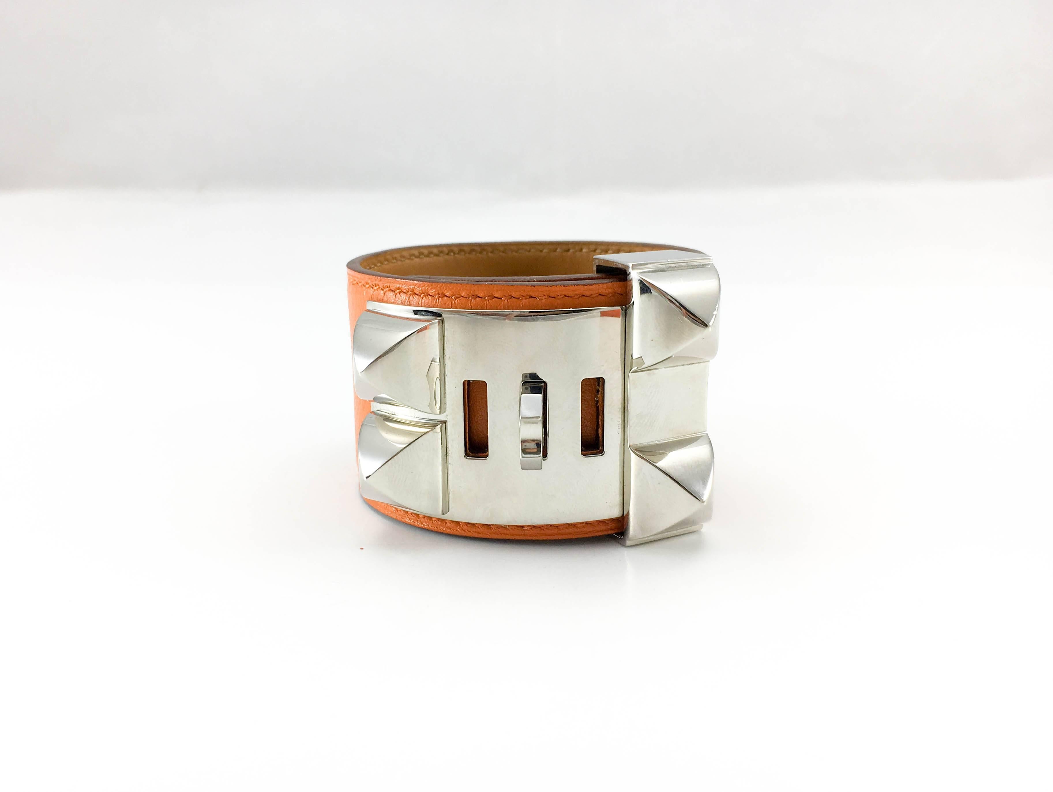 Hermes Collier de Chien (CDC) Orange Swift Leather and Palladium Bracelet 3