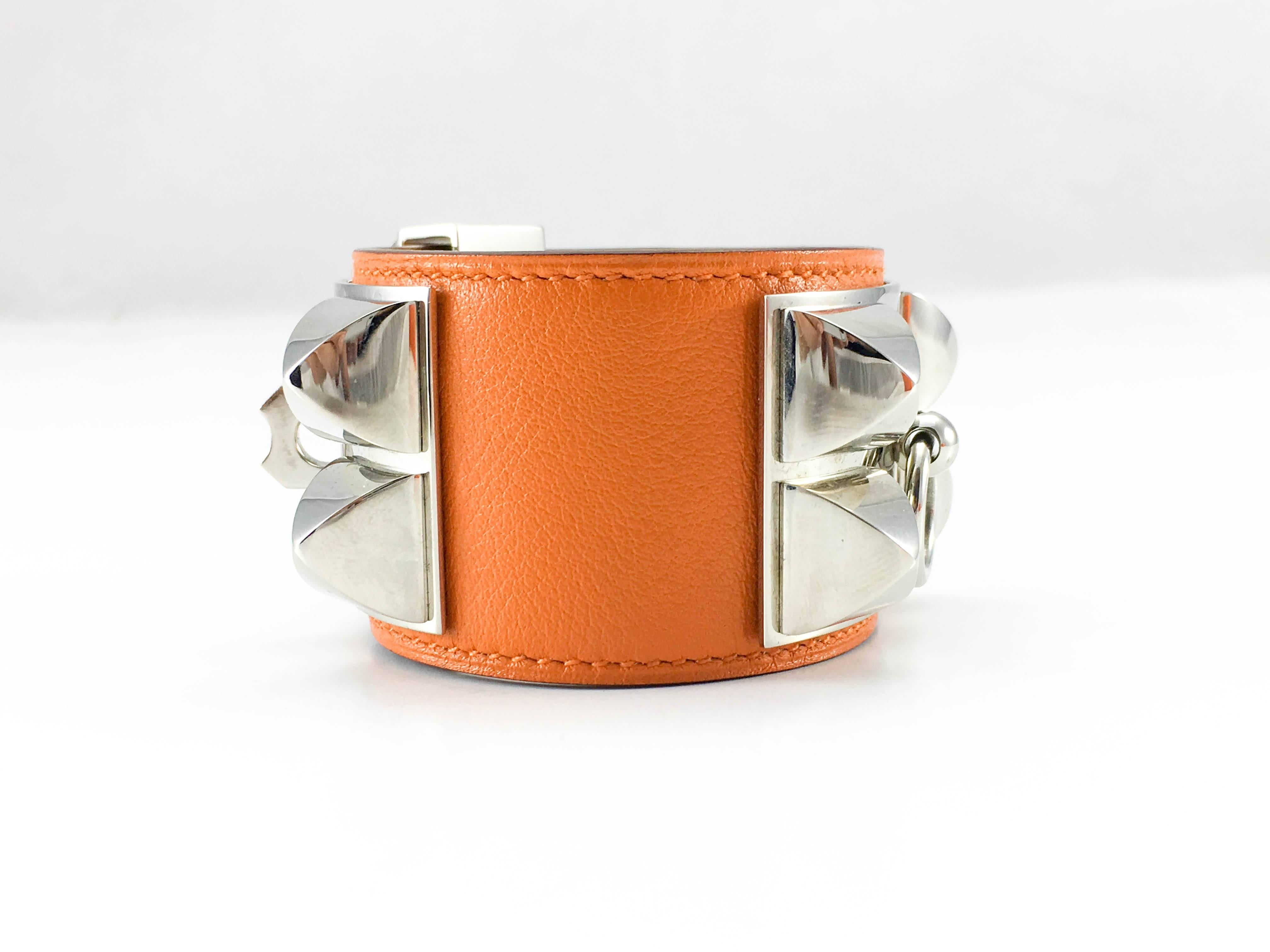 Hermes Collier de Chien (CDC) Orange Swift Leather and Palladium Bracelet 4