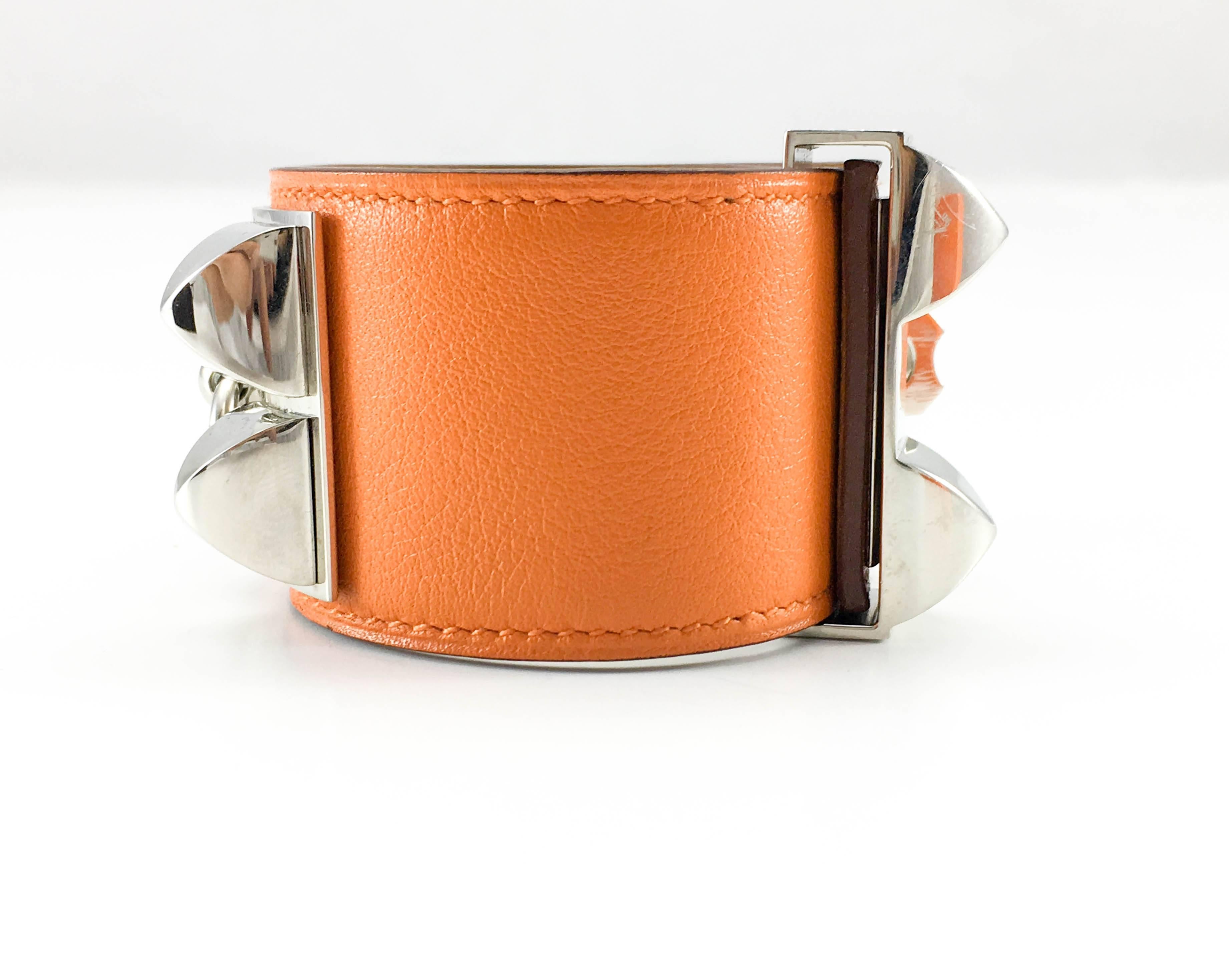 Hermes Collier de Chien (CDC) Orange Swift Leather and Palladium Bracelet 5