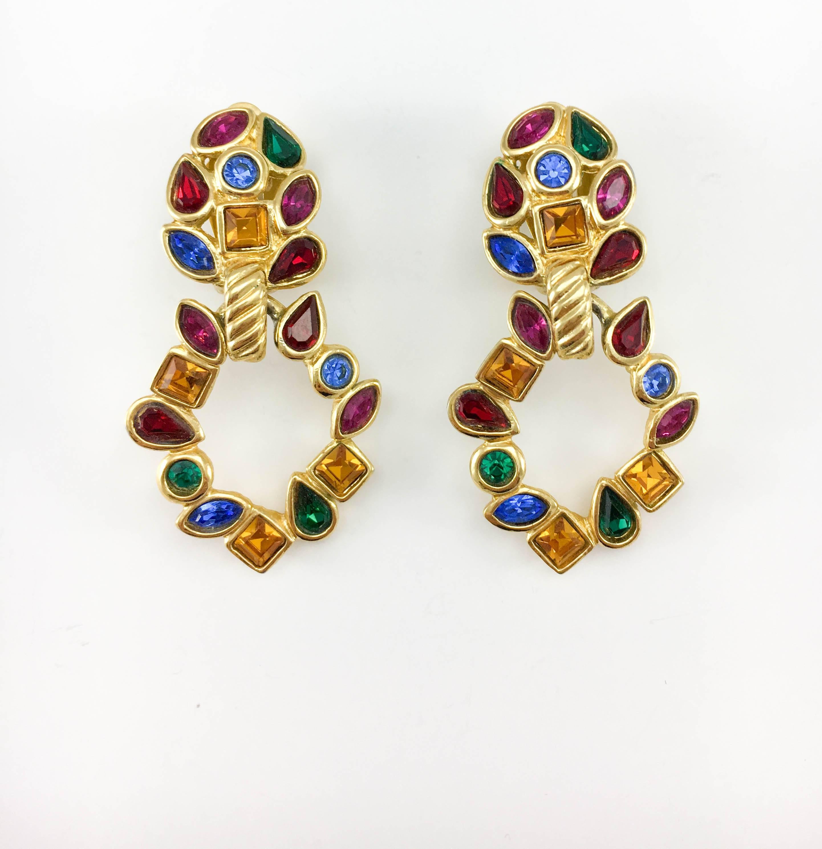 1980s Yves Saint Laurent Colourful Crystal Embellished Gilt Dangling Earrings In Excellent Condition In London, Chelsea