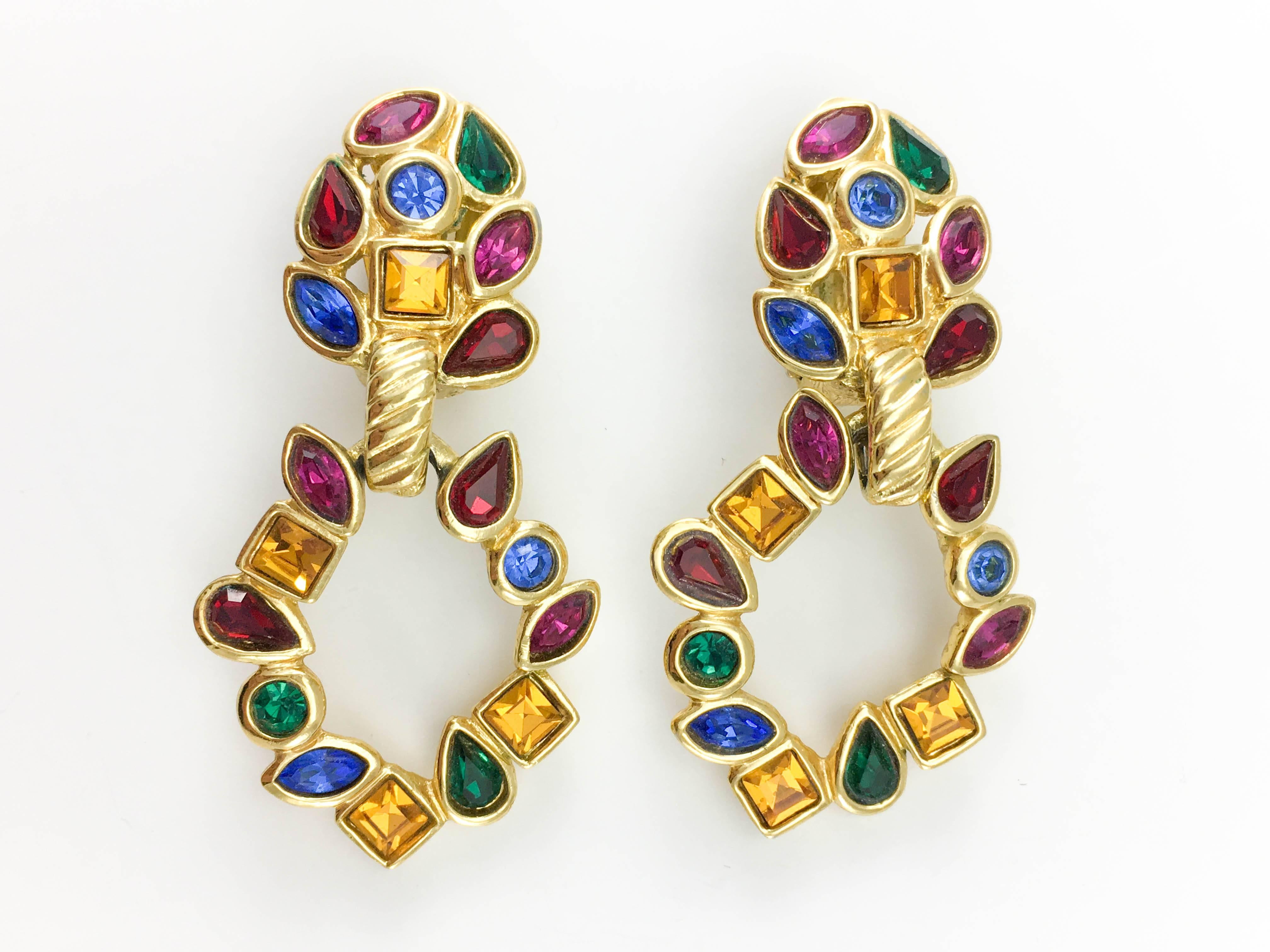 Women's 1980s Yves Saint Laurent Colourful Crystal Embellished Gilt Dangling Earrings