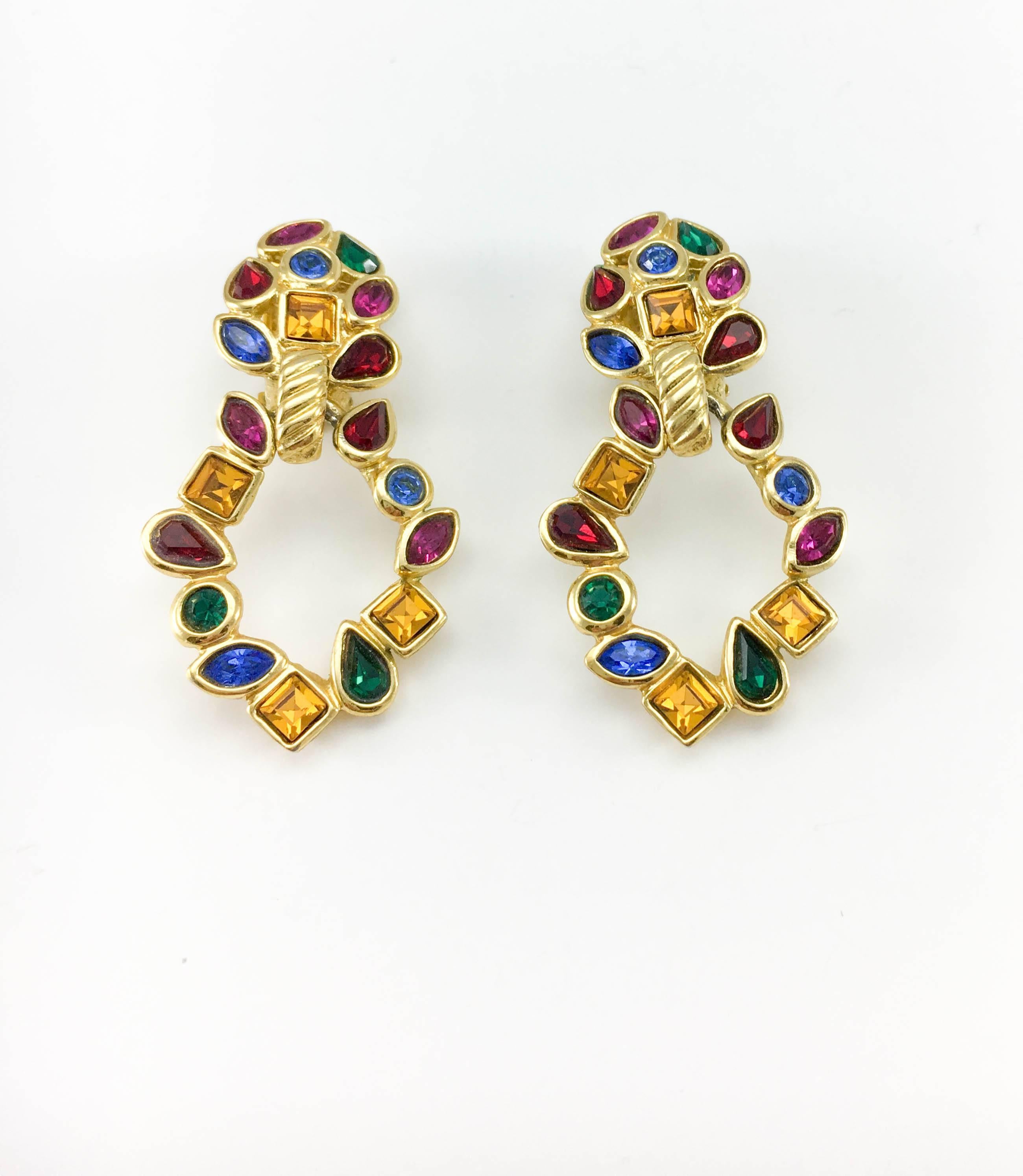 1980s Yves Saint Laurent Colourful Crystal Embellished Gilt Dangling Earrings 1