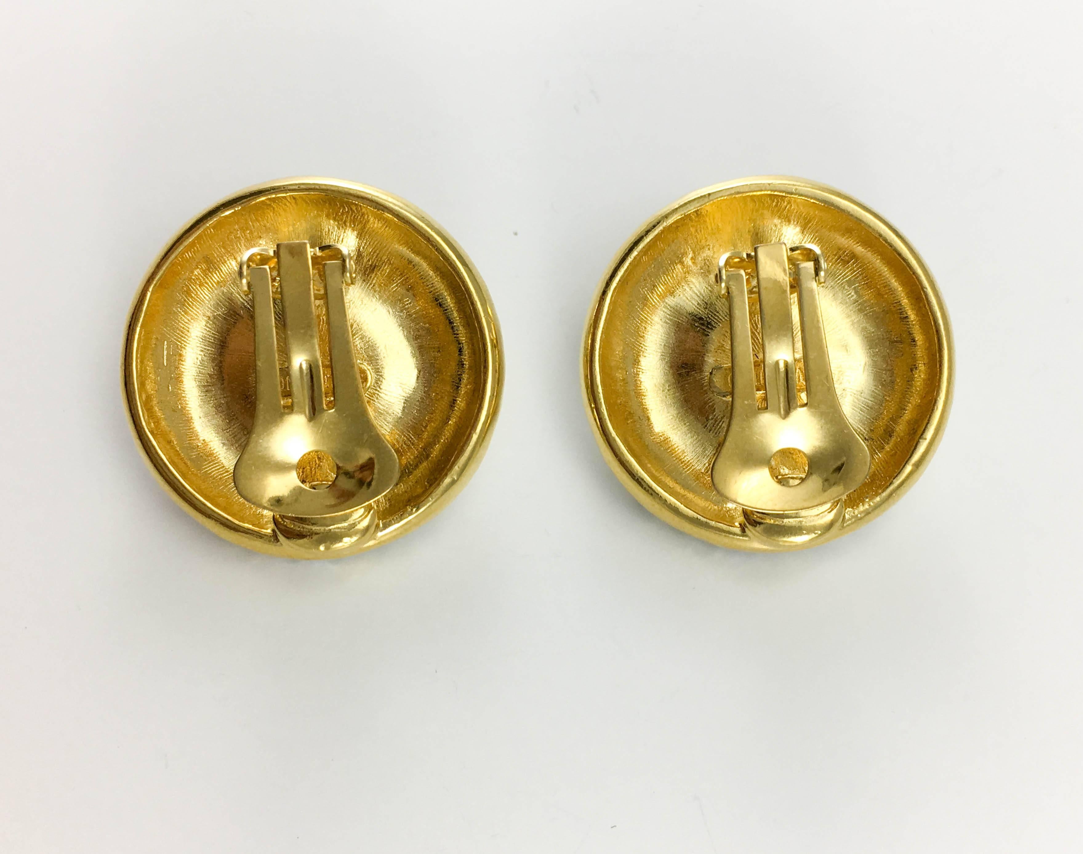 1980s Valentino Rhinestone Embellished Gilt Round Earrings In Excellent Condition For Sale In London, Chelsea
