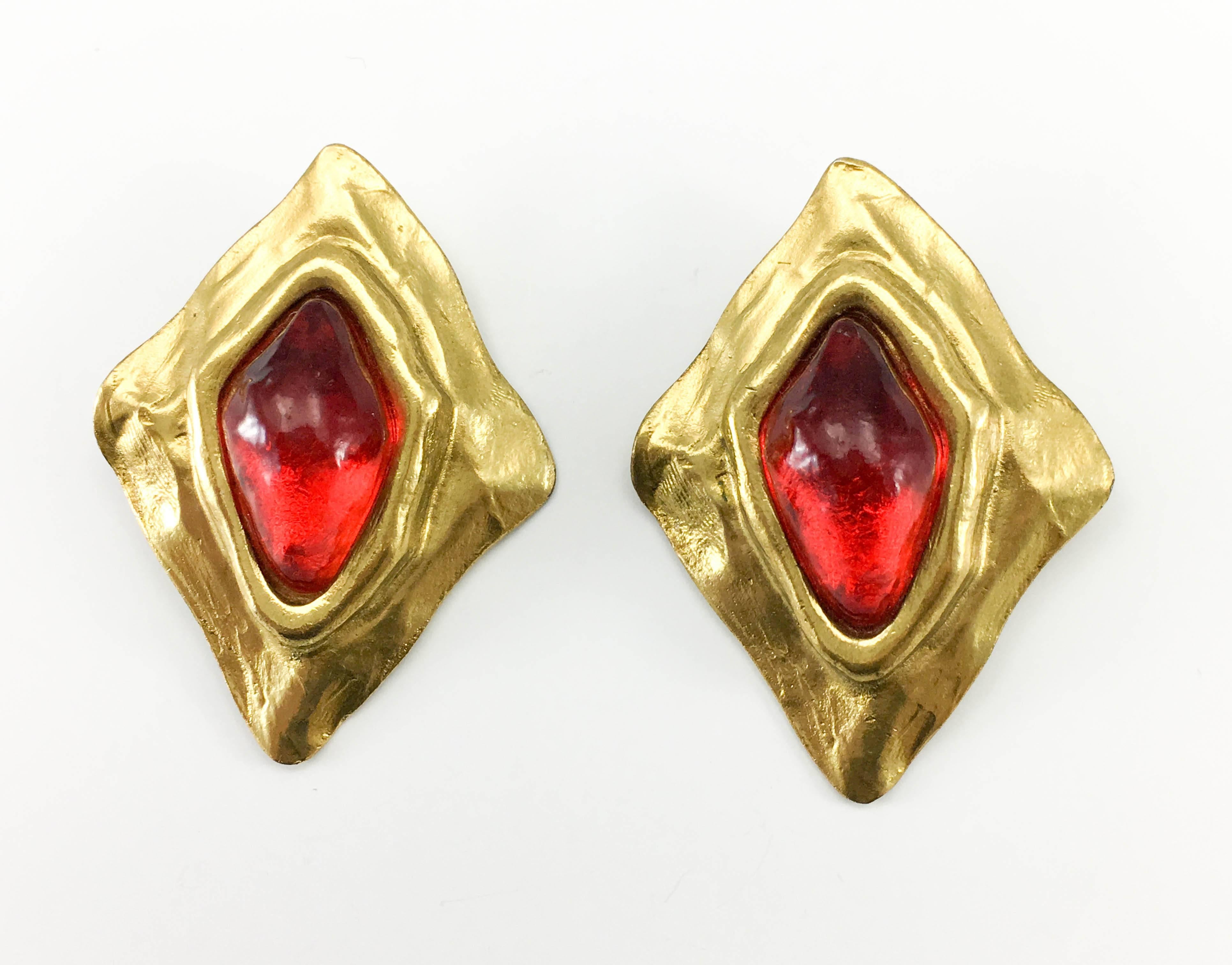 1980s Yves Saint Laurent Large Red Gripoix Gold-Plated Earrings by Goossens In Excellent Condition In London, Chelsea