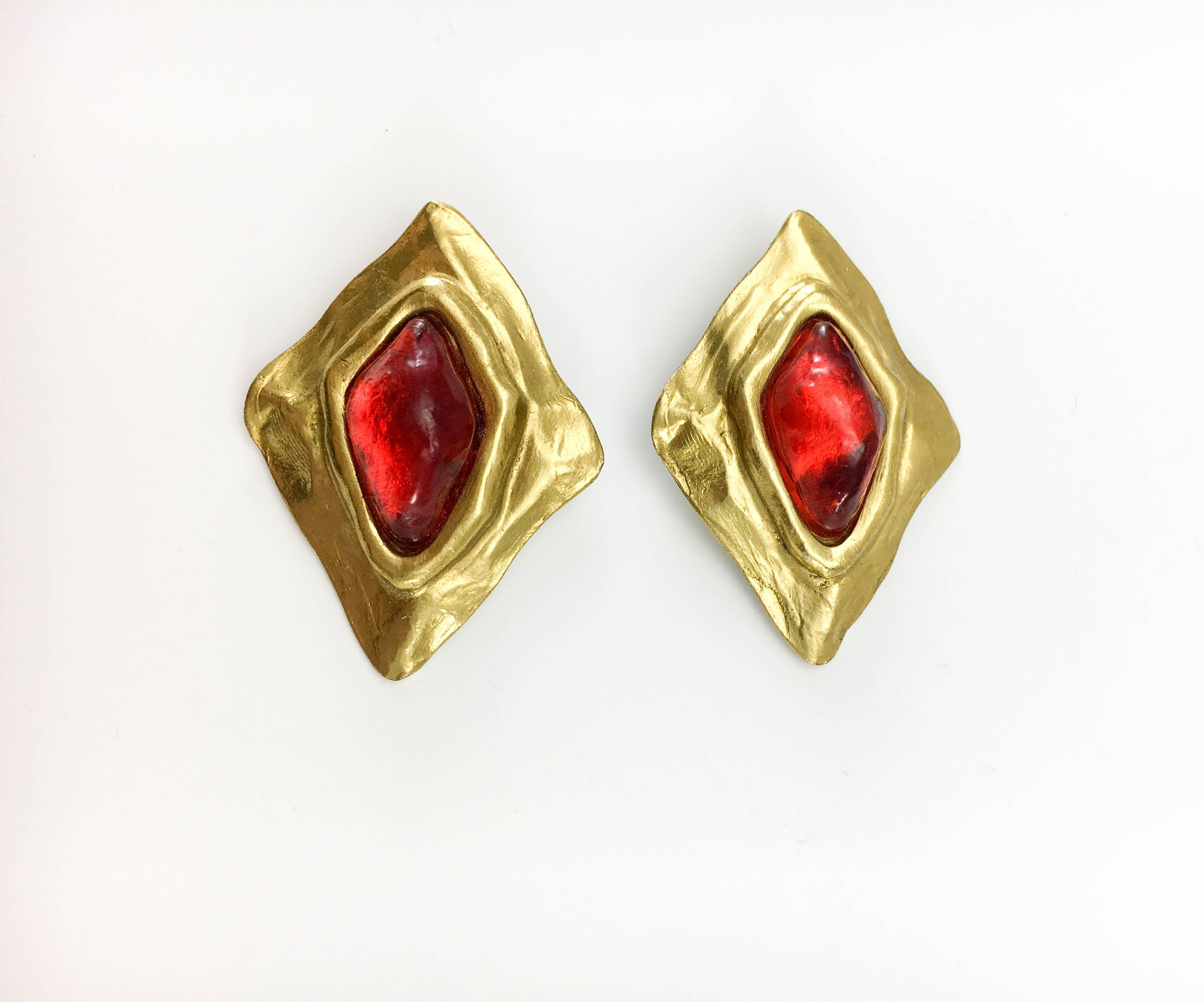 Women's 1980s Yves Saint Laurent Large Red Gripoix Gold-Plated Earrings by Goossens