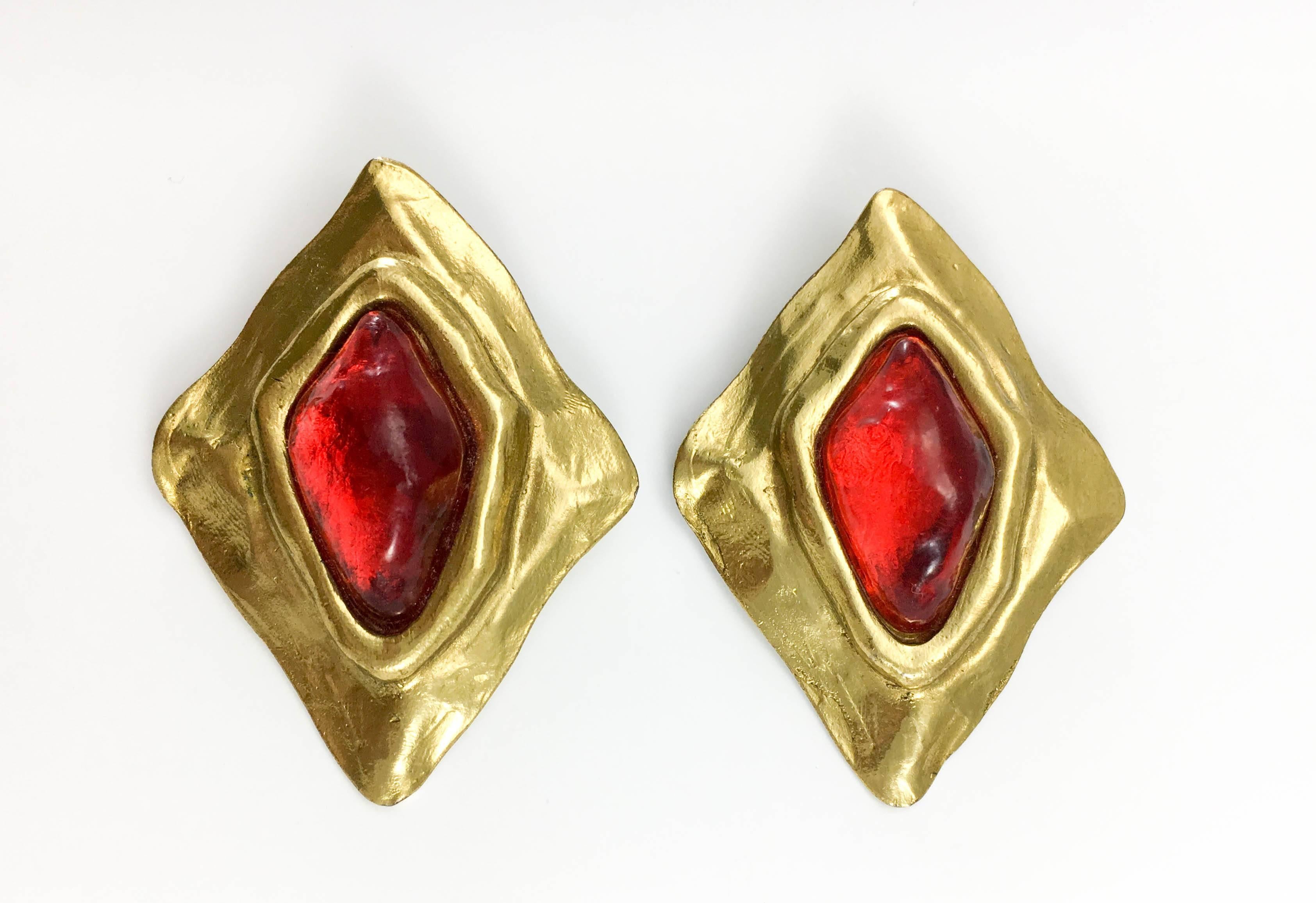 1980s Yves Saint Laurent Large Red Gripoix Gold-Plated Earrings by Goossens 1