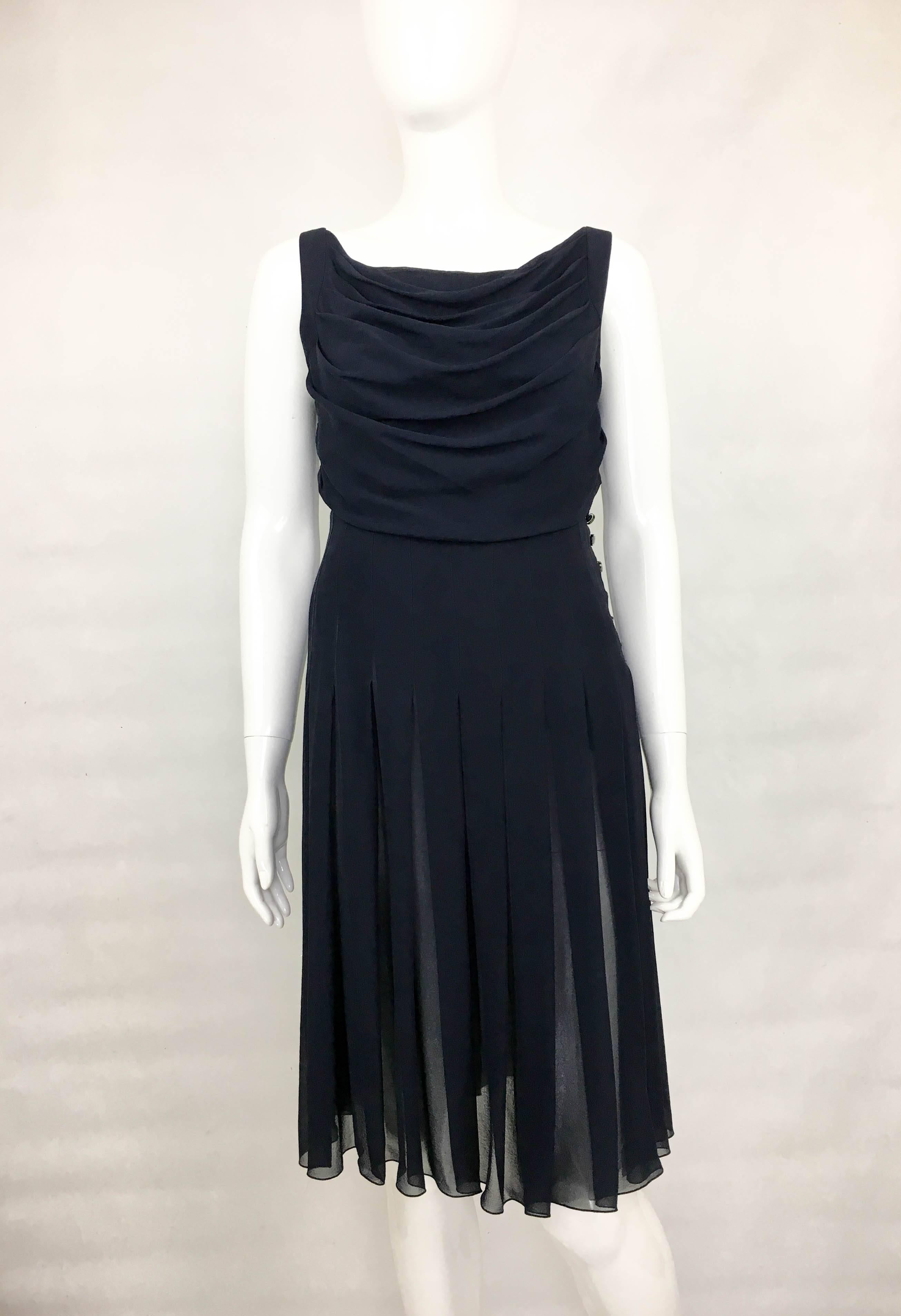 Black Chanel Midnight Blue Silk Chiffon Draped and Pleated Dress, Circa 2000 For Sale