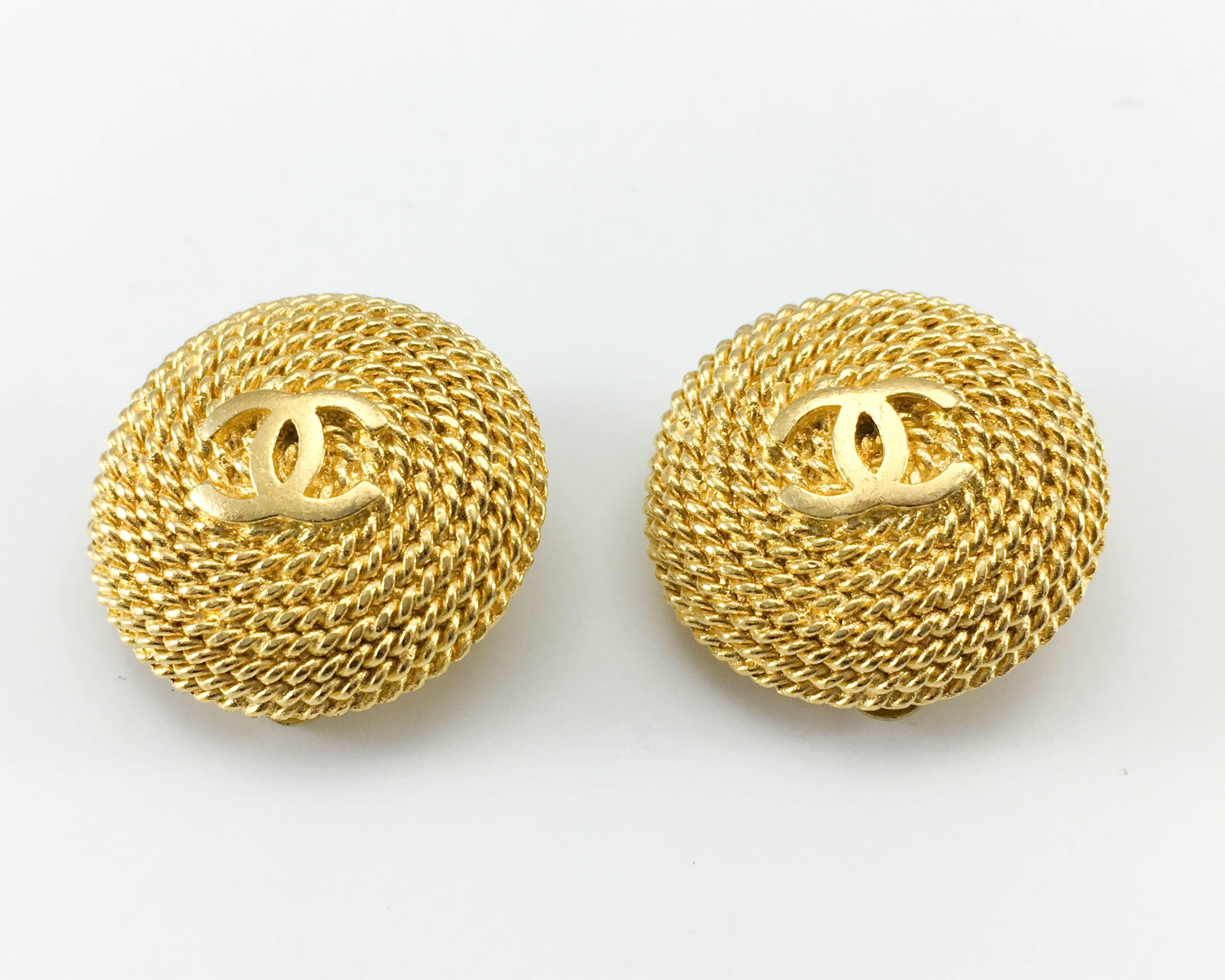 1995 Chanel Gold-Tone Twisted Rope Logo Earrings 1