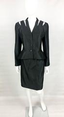1990s Thierry Mugler Slashed Shoulders Black Silk Skirt Suit