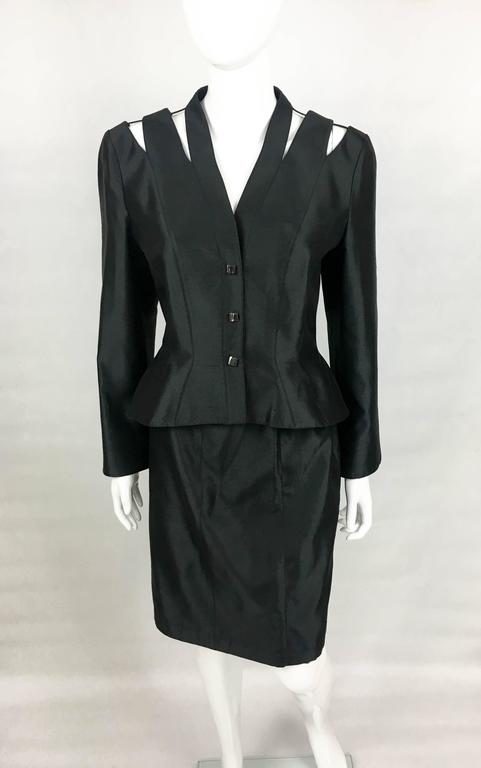 1990s Thierry Mugler Slashed Shoulders Black Silk Skirt Suit For Sale ...