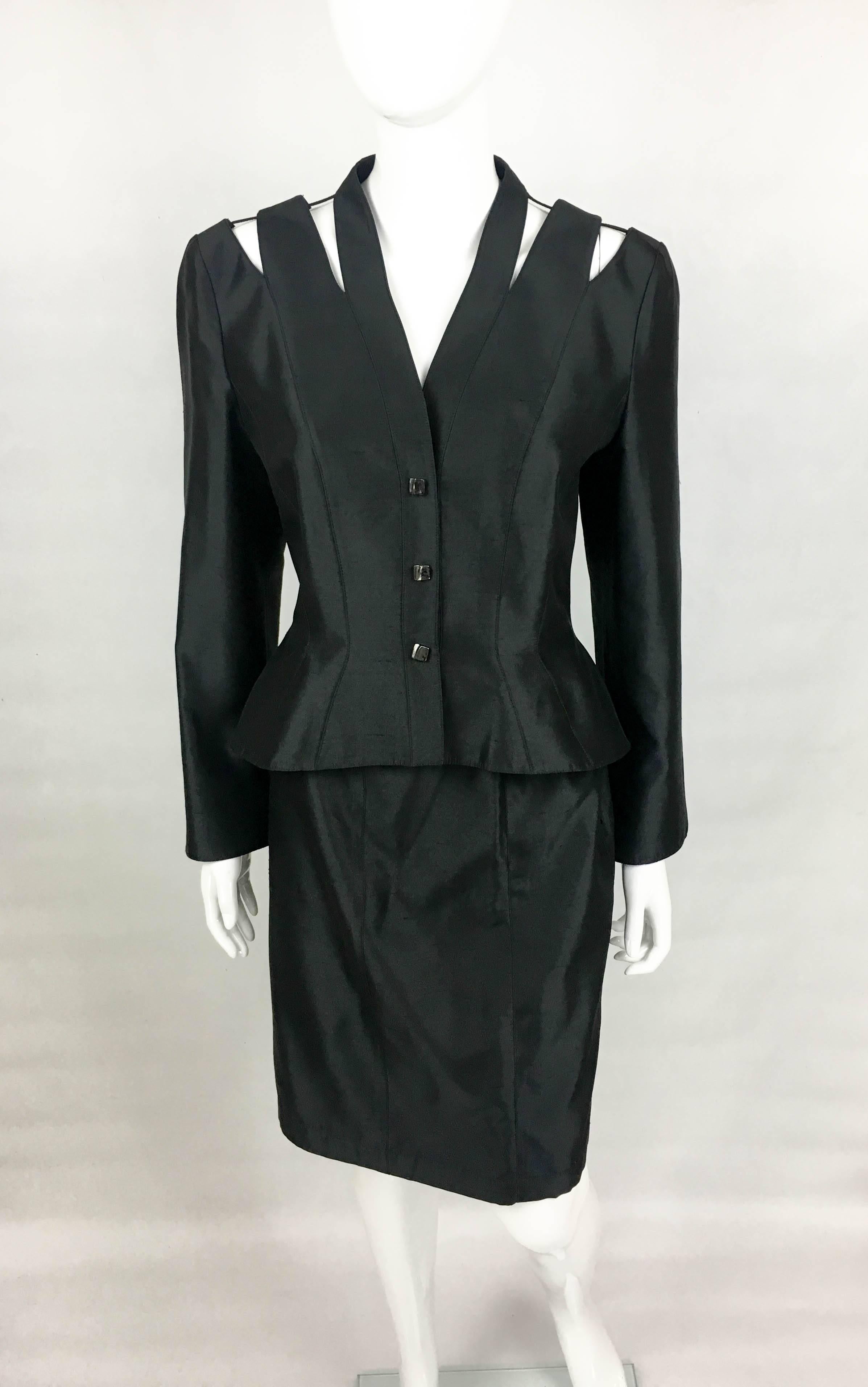 1990s Thierry Mugler Slashed Shoulders Black Silk Skirt Suit In Excellent Condition For Sale In London, Chelsea