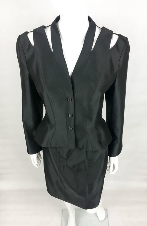 1990s Thierry Mugler Slashed Shoulders Black Silk Skirt Suit For Sale ...