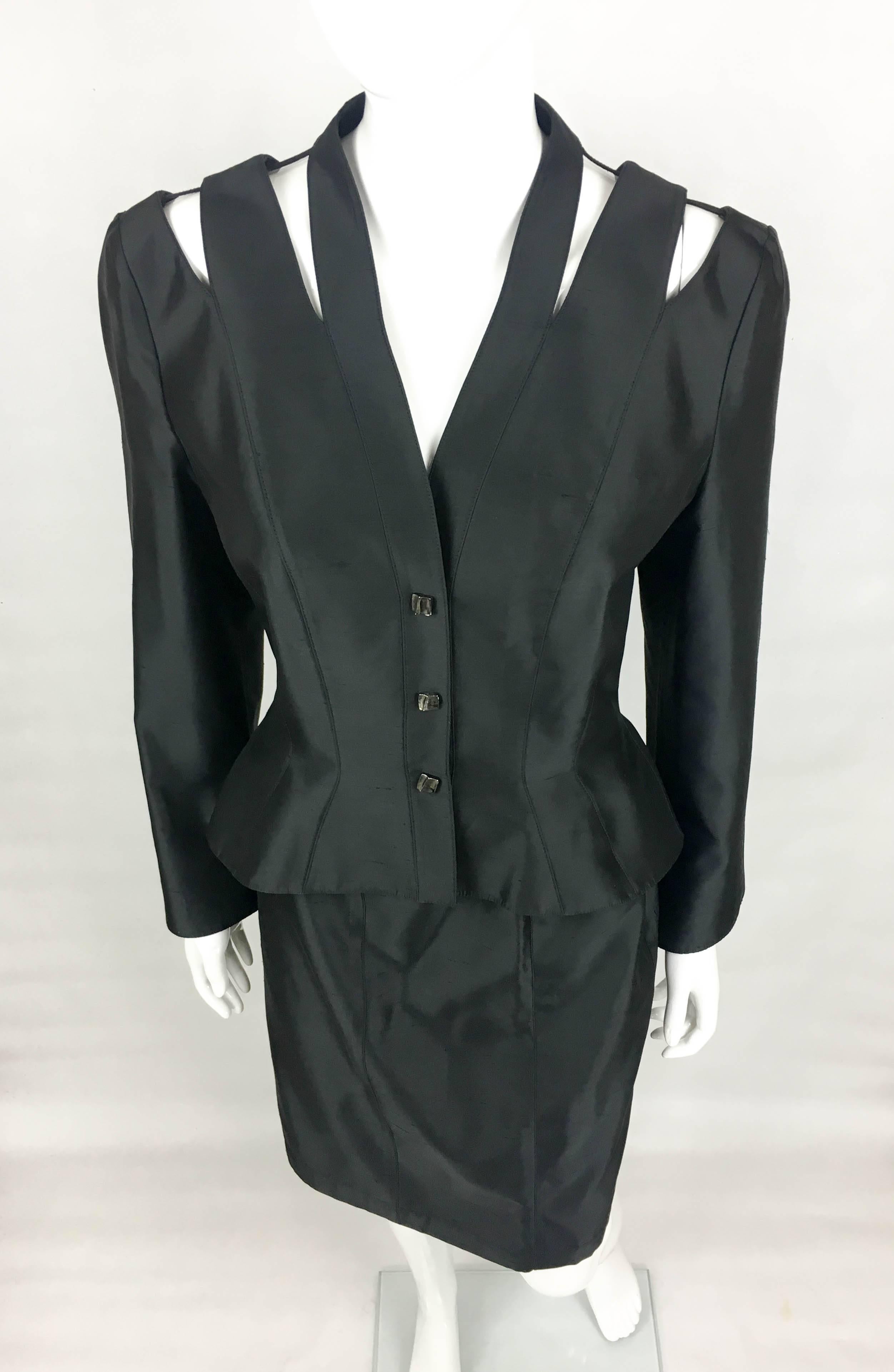 Women's 1990s Thierry Mugler Slashed Shoulders Black Silk Skirt Suit For Sale