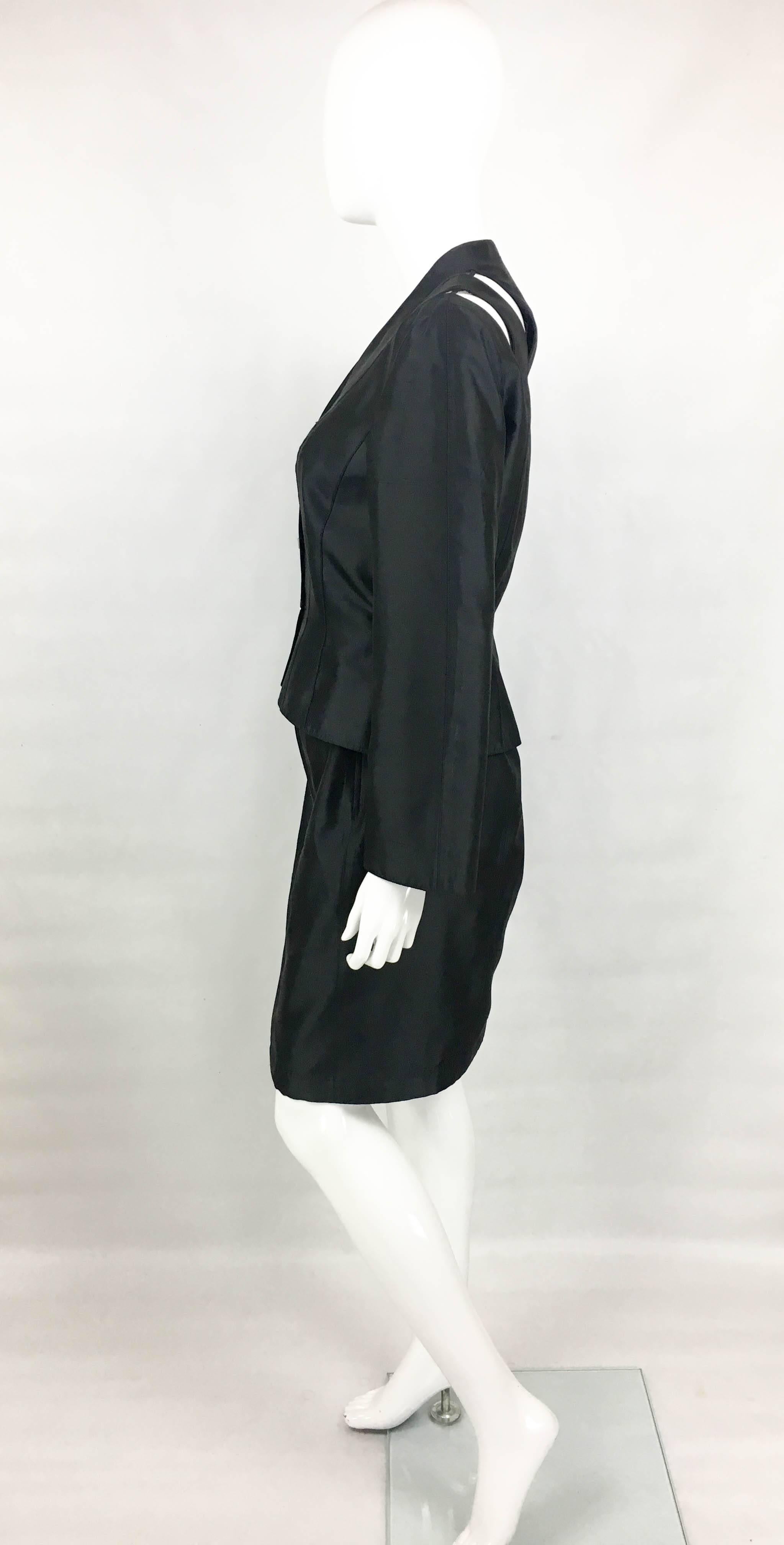 1990s Thierry Mugler Slashed Shoulders Black Silk Skirt Suit For Sale 2