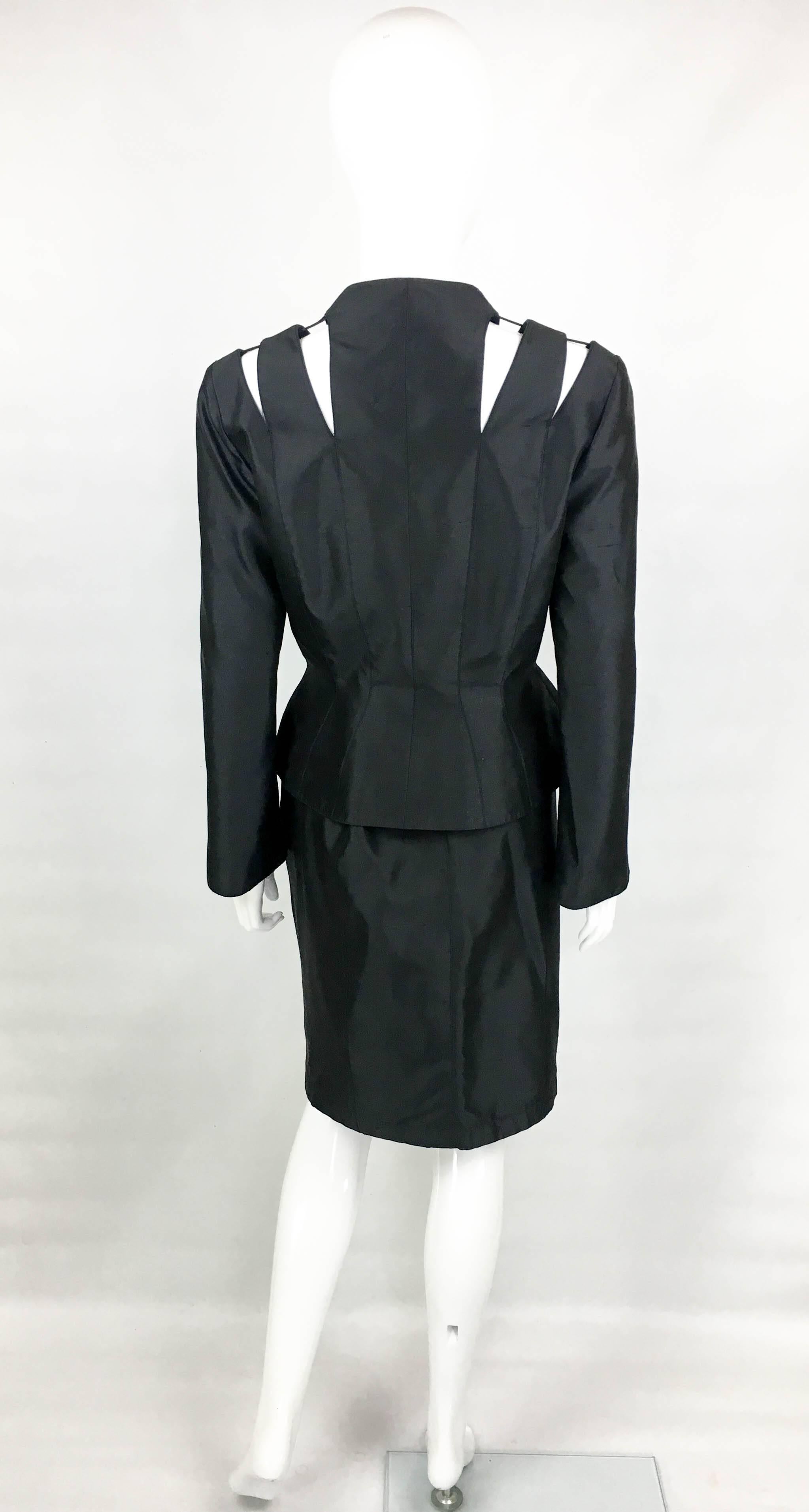 1990s Thierry Mugler Slashed Shoulders Black Silk Skirt Suit For Sale 3