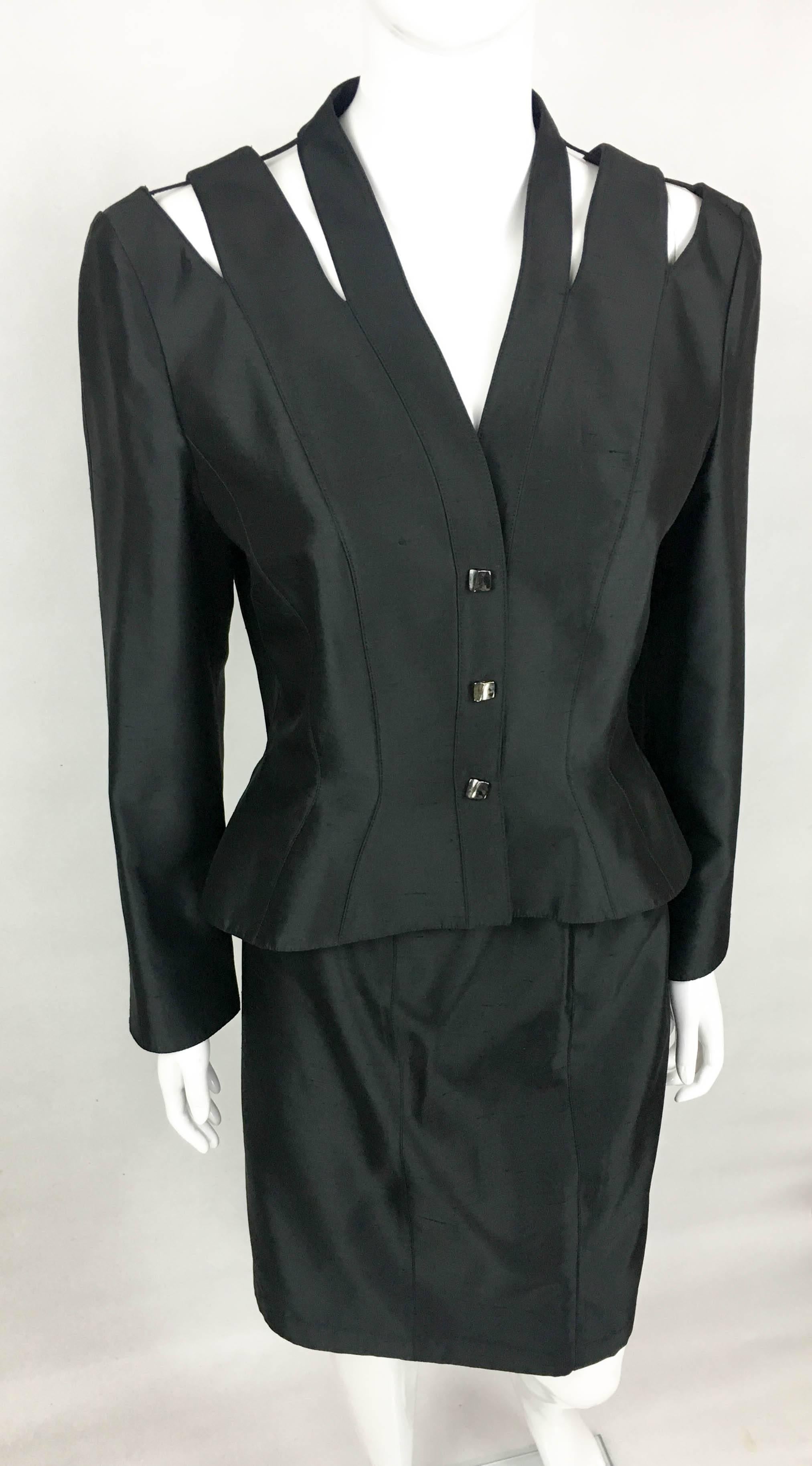 1990s Thierry Mugler Slashed Shoulders Black Silk Skirt Suit For Sale 1