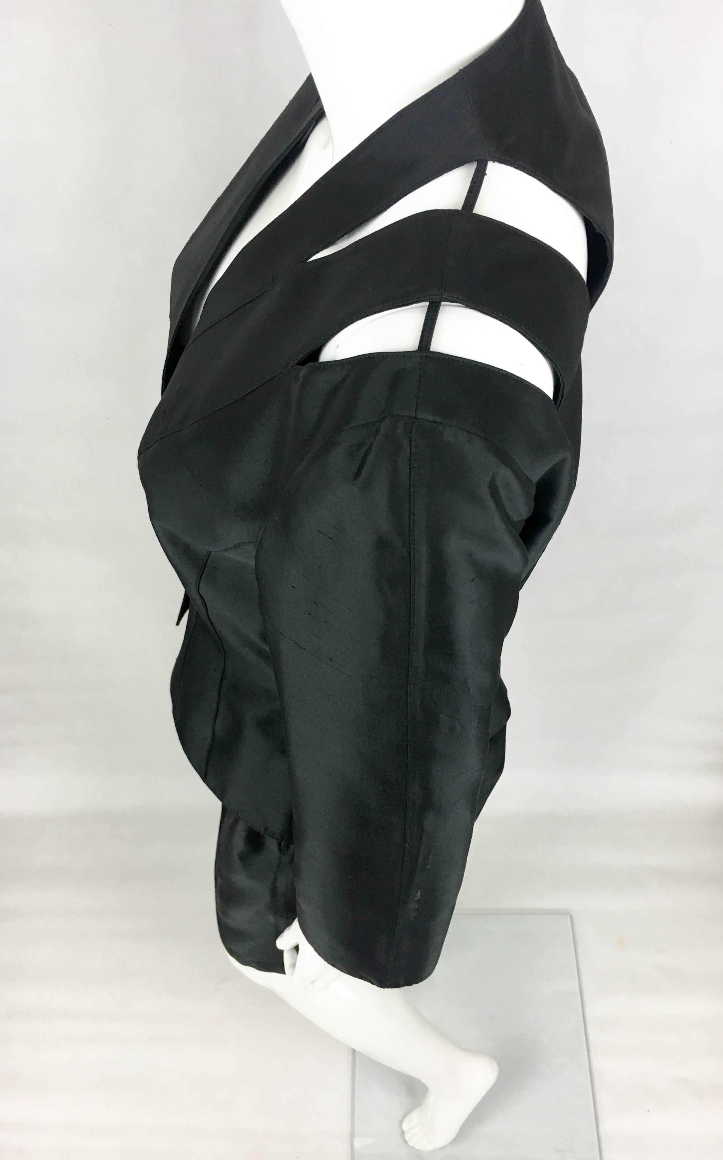 1990s Thierry Mugler Slashed Shoulders Black Silk Skirt Suit For Sale 4
