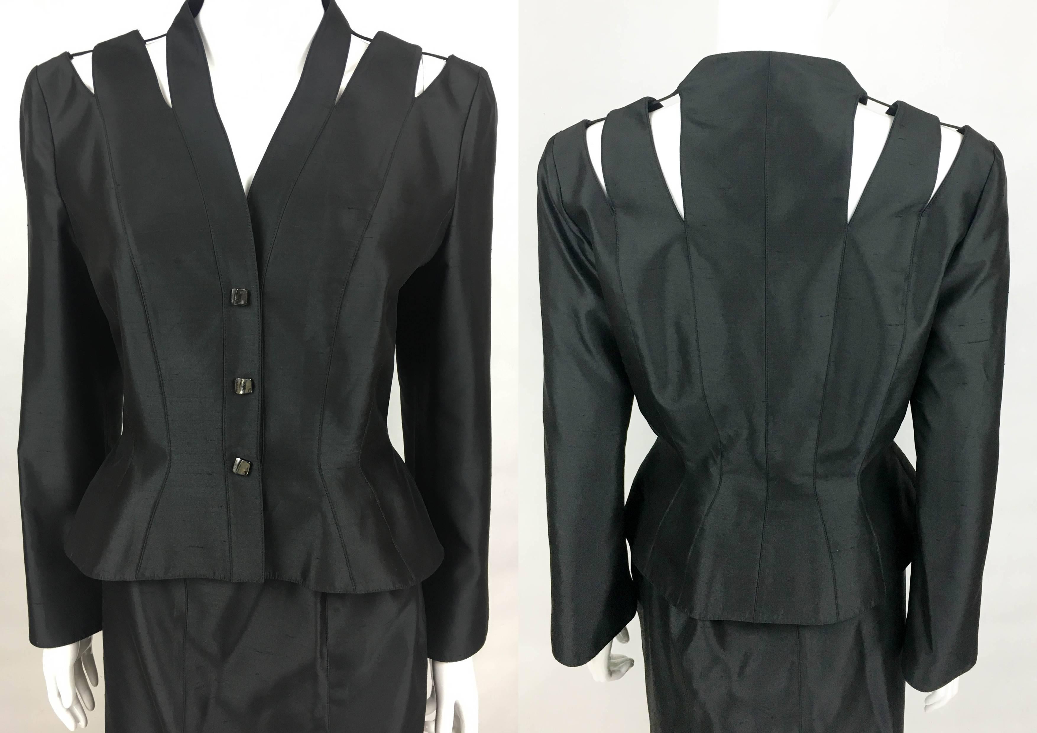 1990s Thierry Mugler Slashed Shoulders Black Silk Skirt Suit For Sale 5