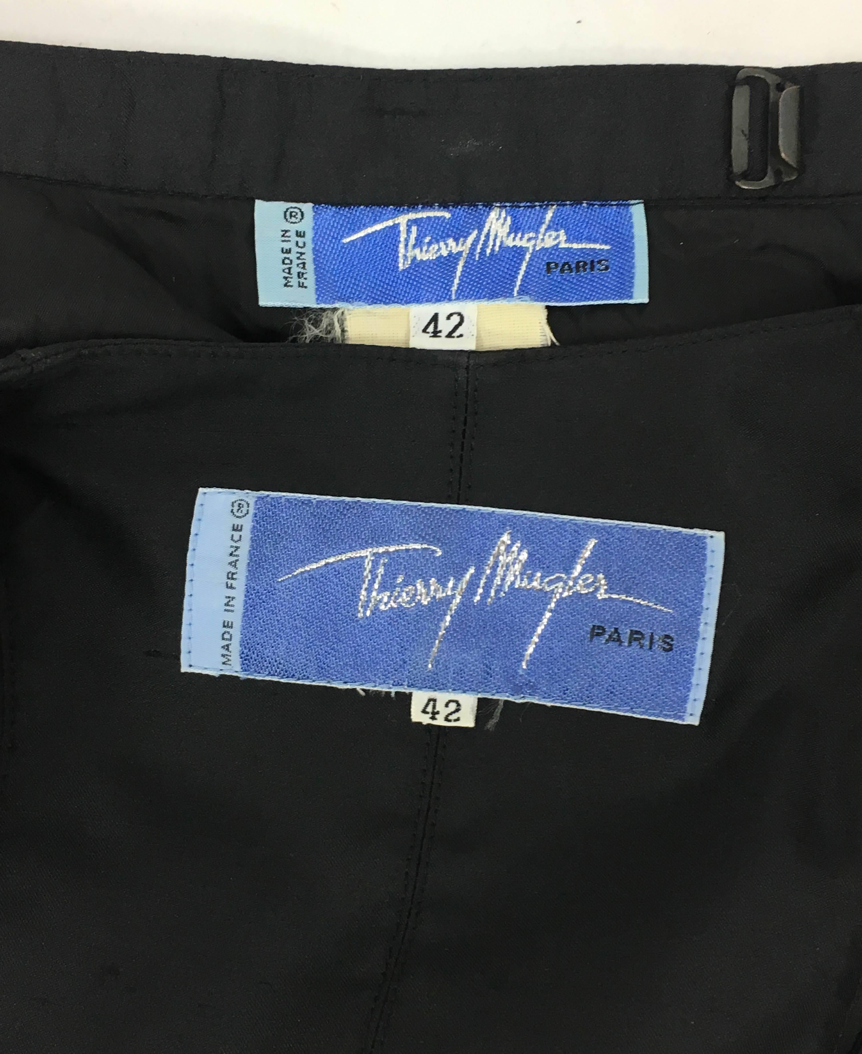 1990s Thierry Mugler Slashed Shoulders Black Silk Skirt Suit For Sale 6