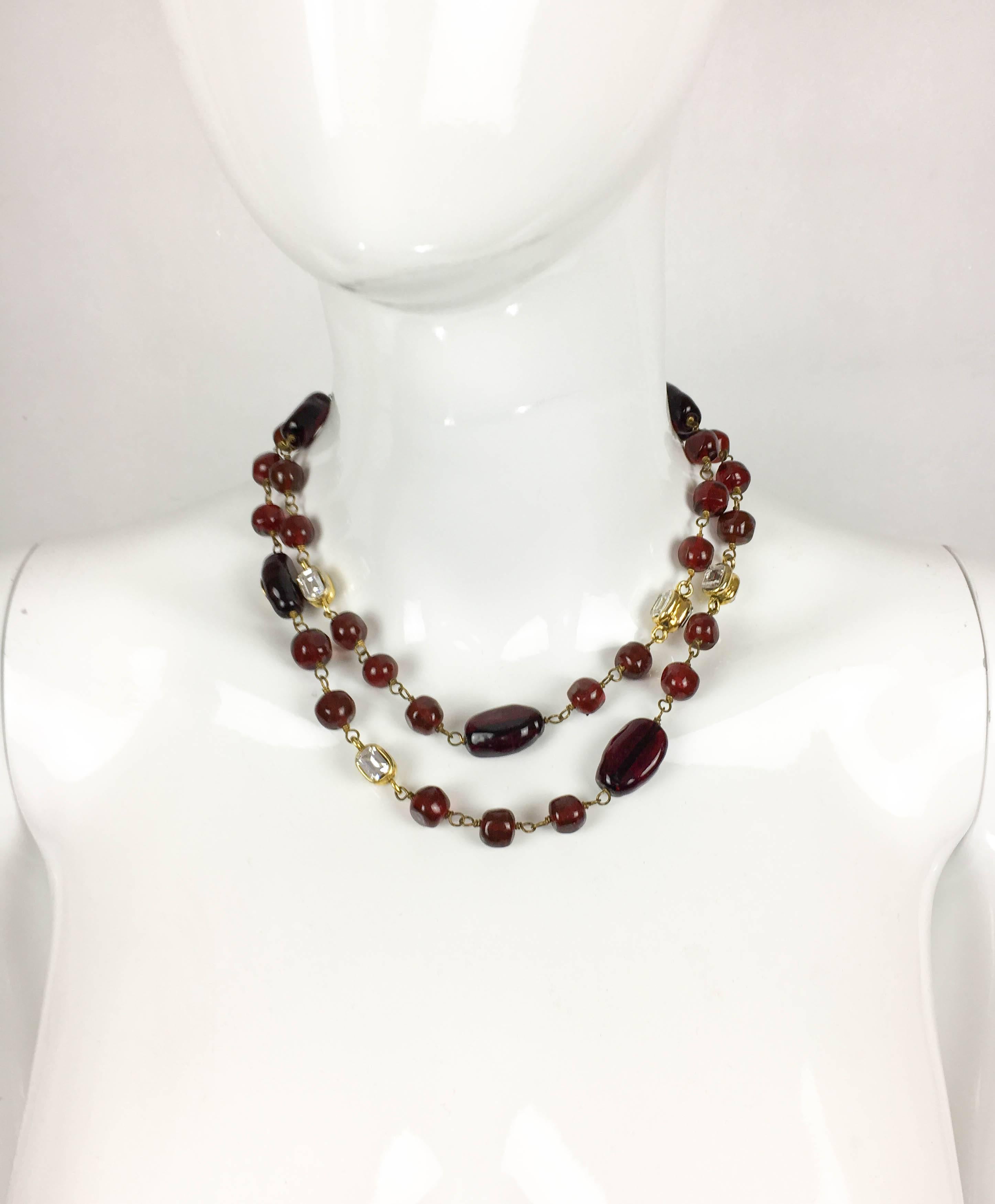 Women's 1970s Chanel Red Gripoix and Rhinestone Long Necklace