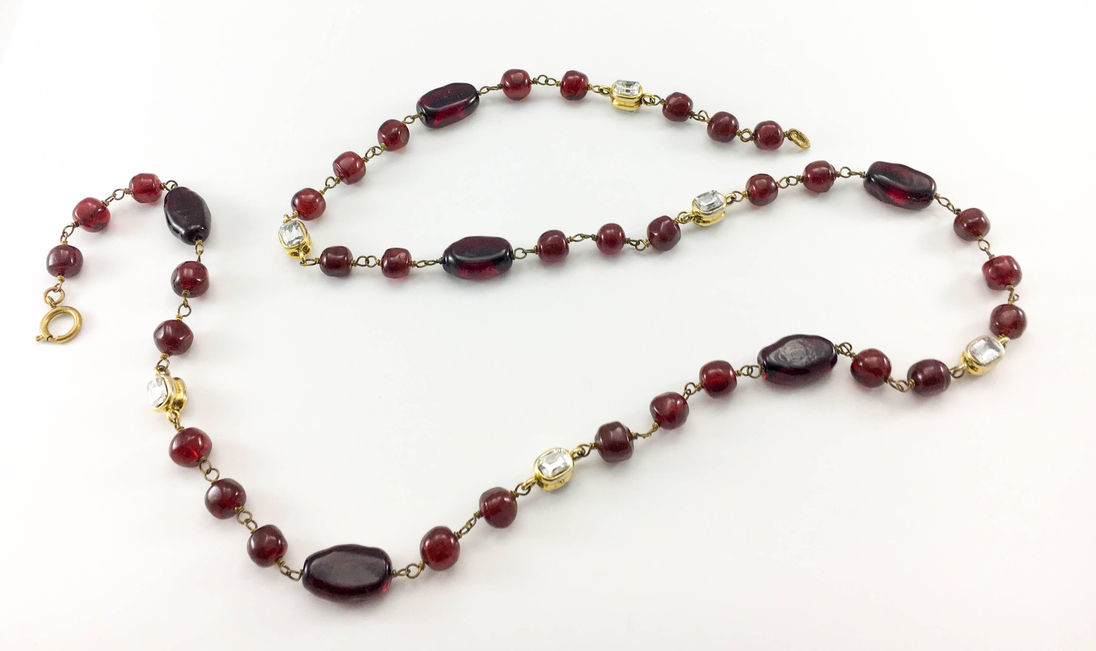 1970s Chanel Red Gripoix and Rhinestone Long Necklace 1