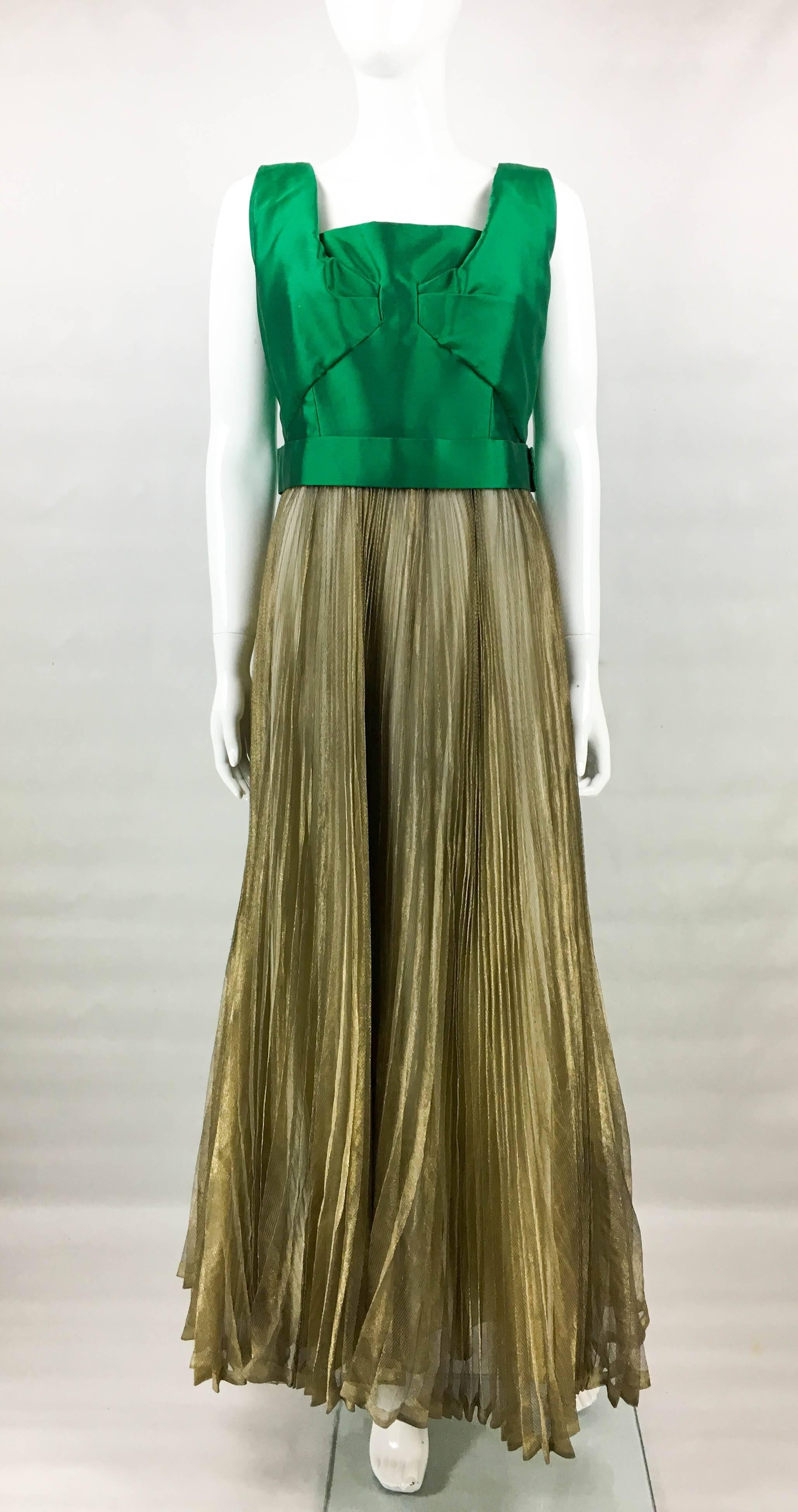 Black Lanvin Haute Couture Green Gazar and Gold Lame Pleated Gown, early 1960s For Sale