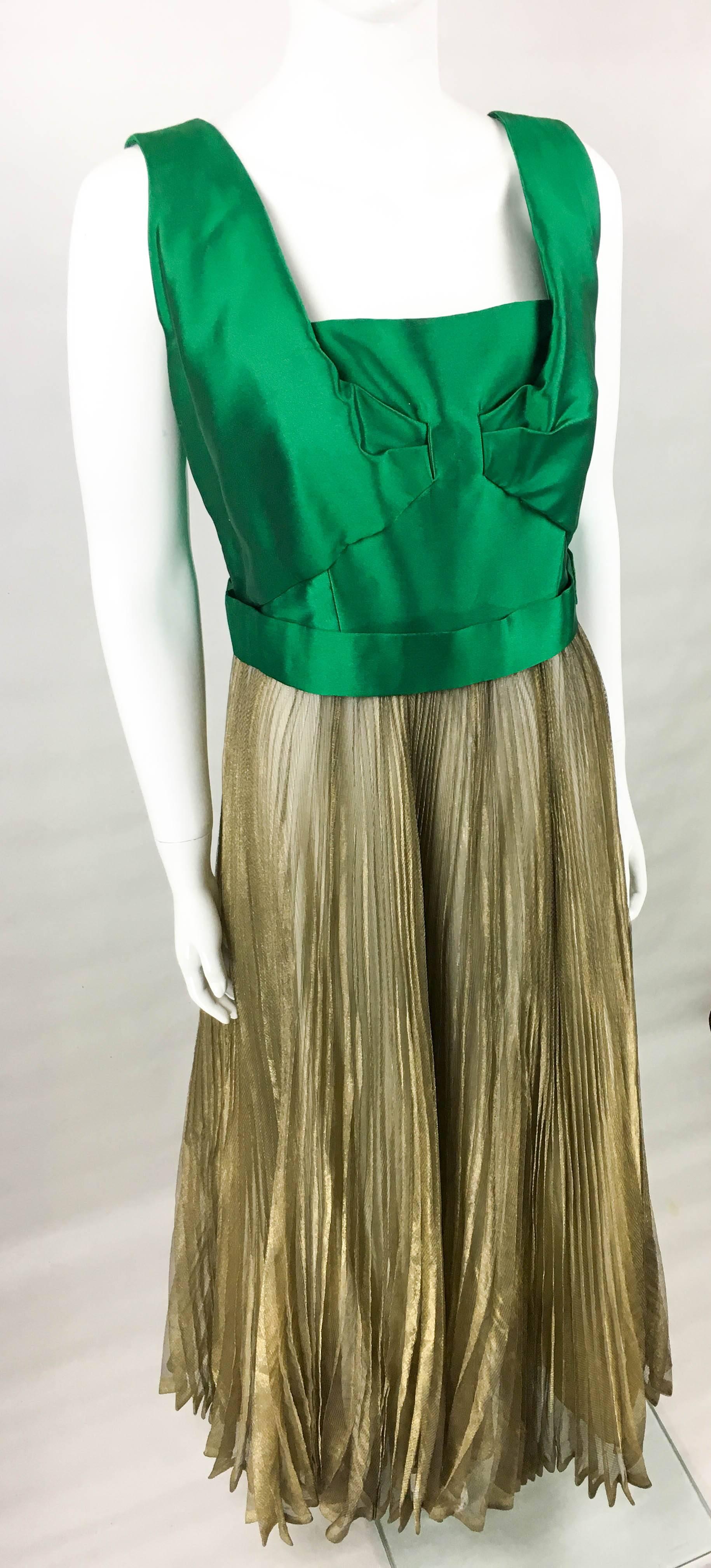 Women's Lanvin Haute Couture Green Gazar and Gold Lame Pleated Gown, early 1960s For Sale