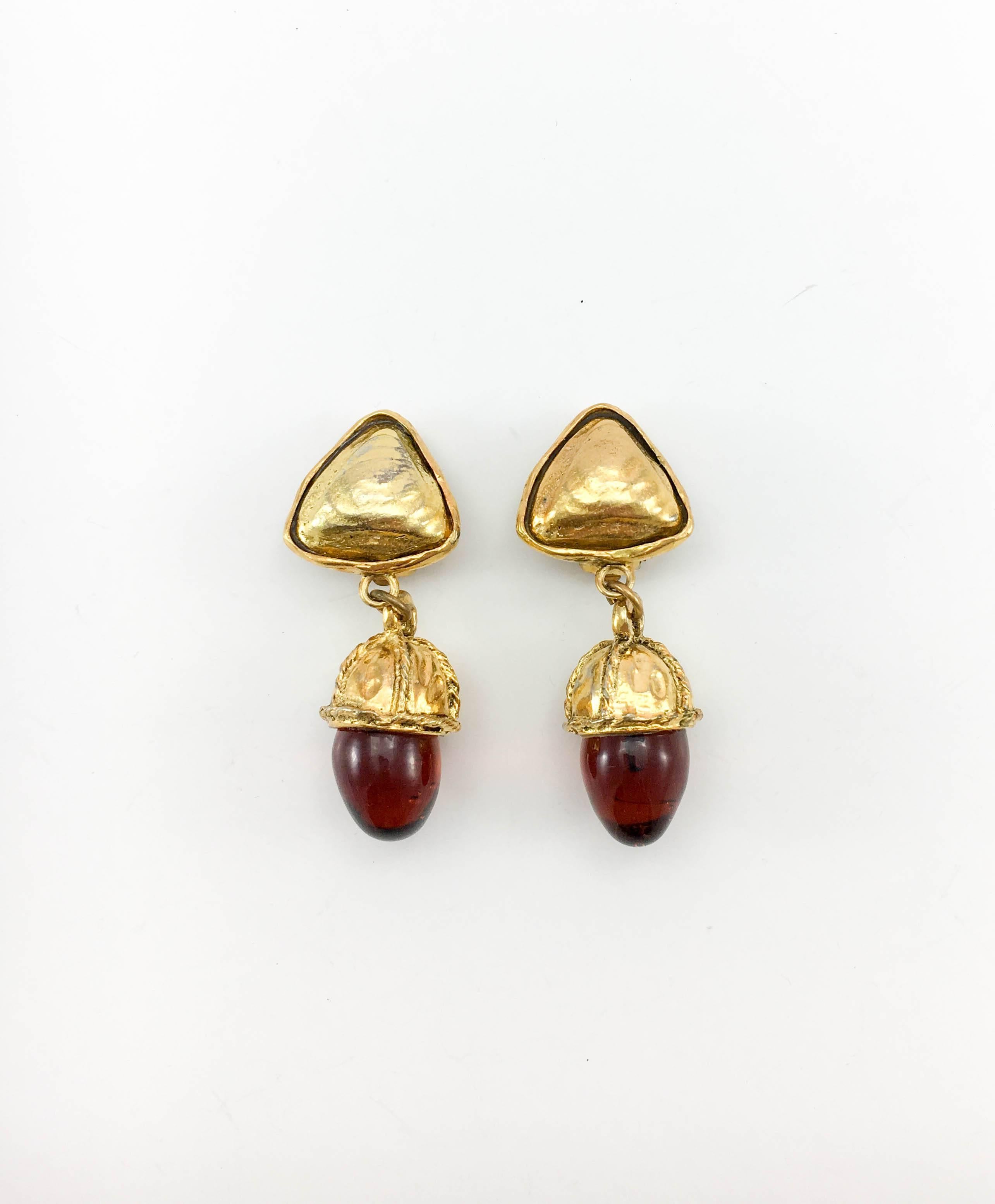 Women's 1970s Chanel Red Gripoix Acorn Dangling Gilt Earrings