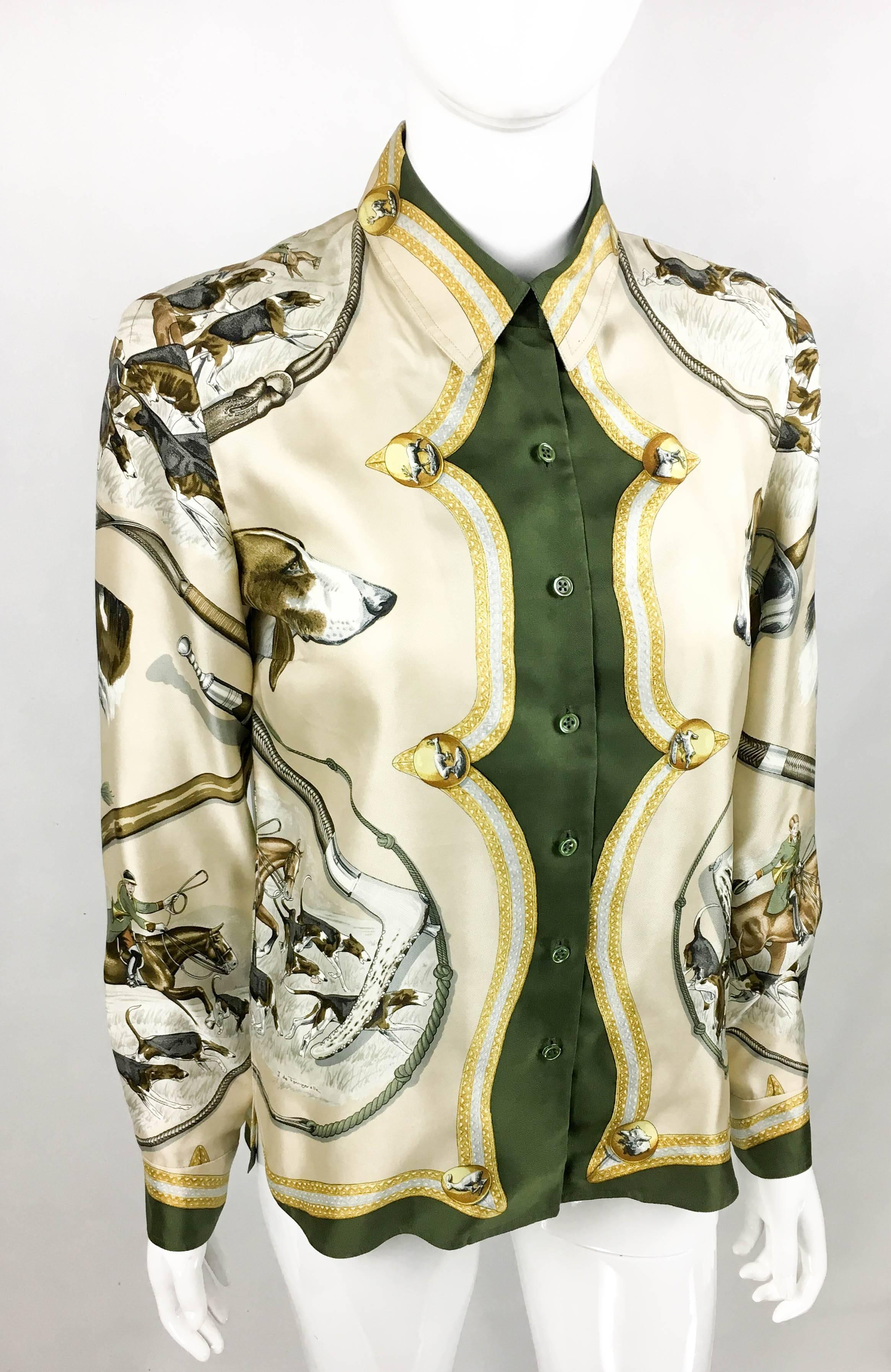 1970s Hermes Hunting Scene Silk Blouse In Excellent Condition In London, Chelsea