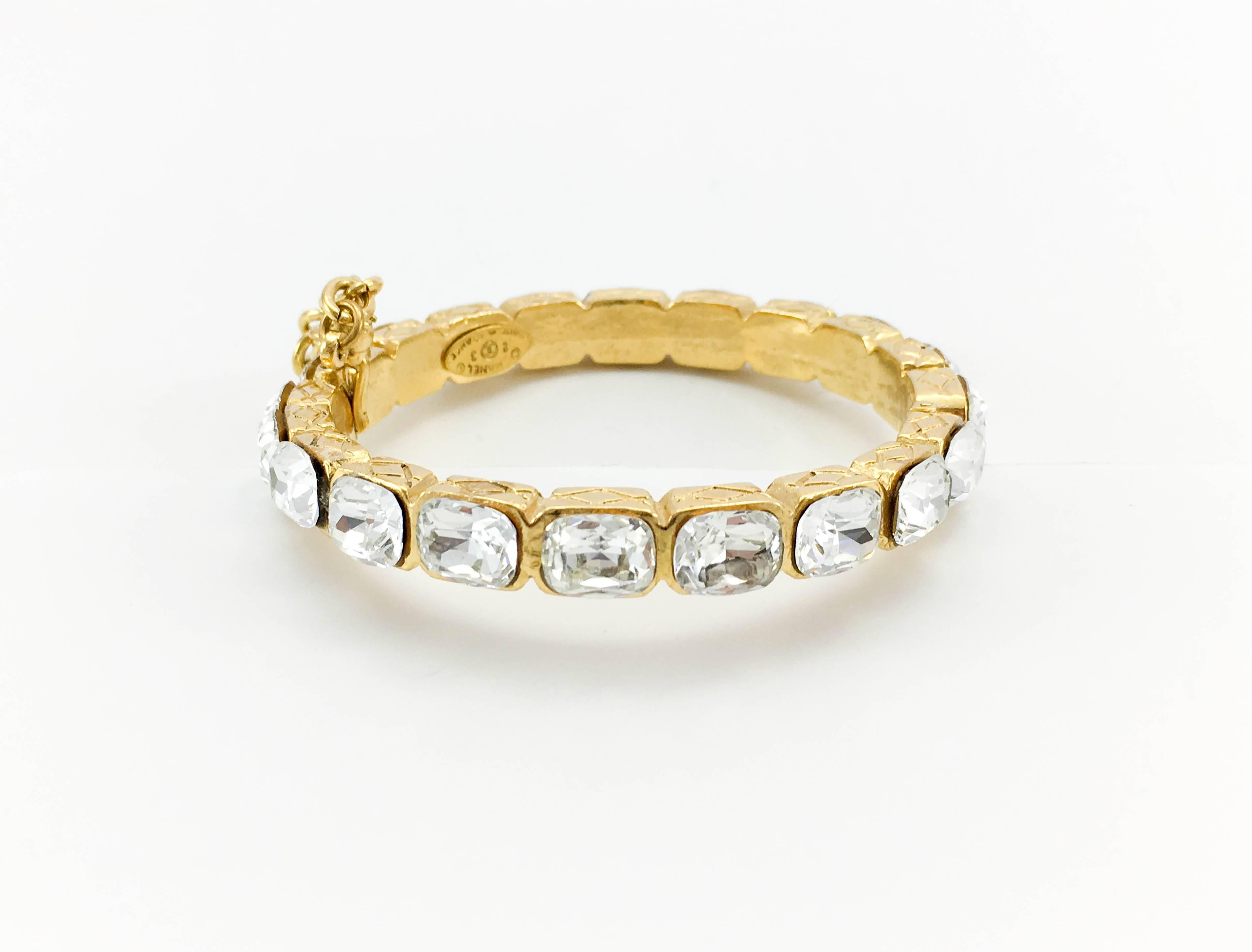 Women's 1986 Chanel Gold-Plated Quilted Bracelet Embellished With Crystals