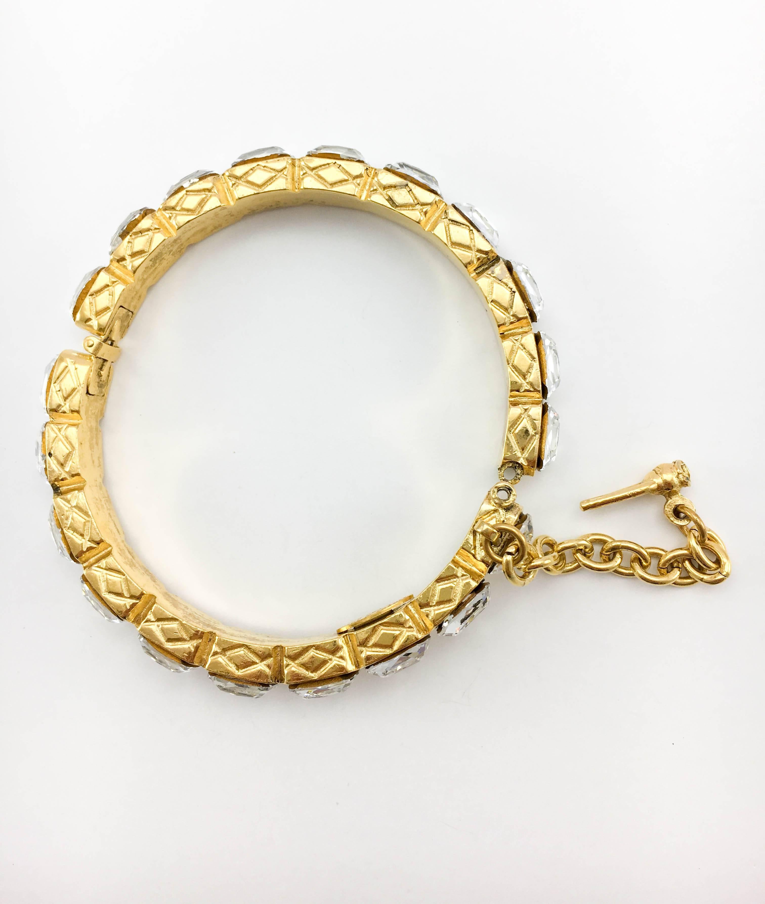 1986 Chanel Gold-Plated Quilted Bracelet Embellished With Crystals 3