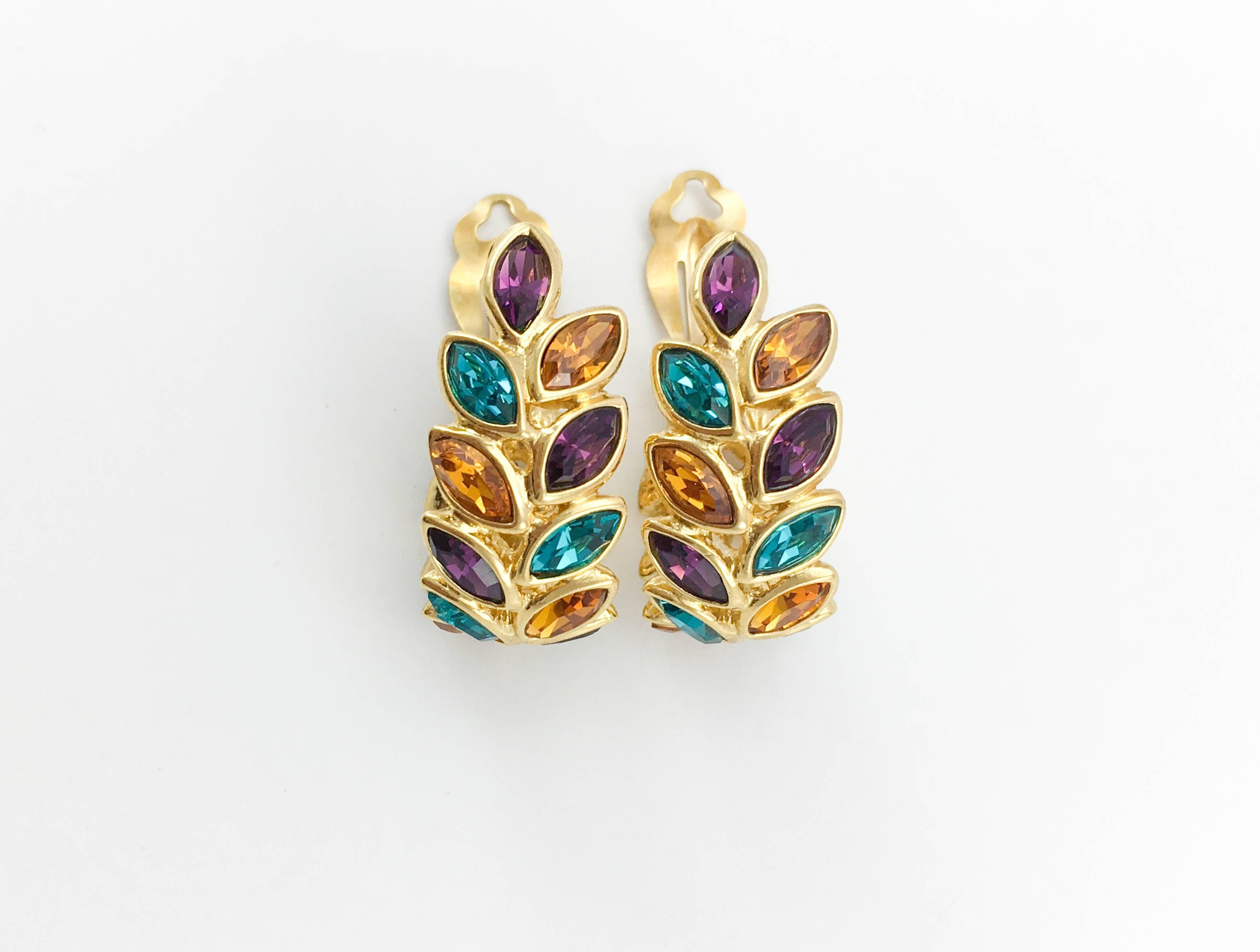 1980s Yves Saint Laurent Crystal Embellished Laurel Earrings In Excellent Condition In London, Chelsea