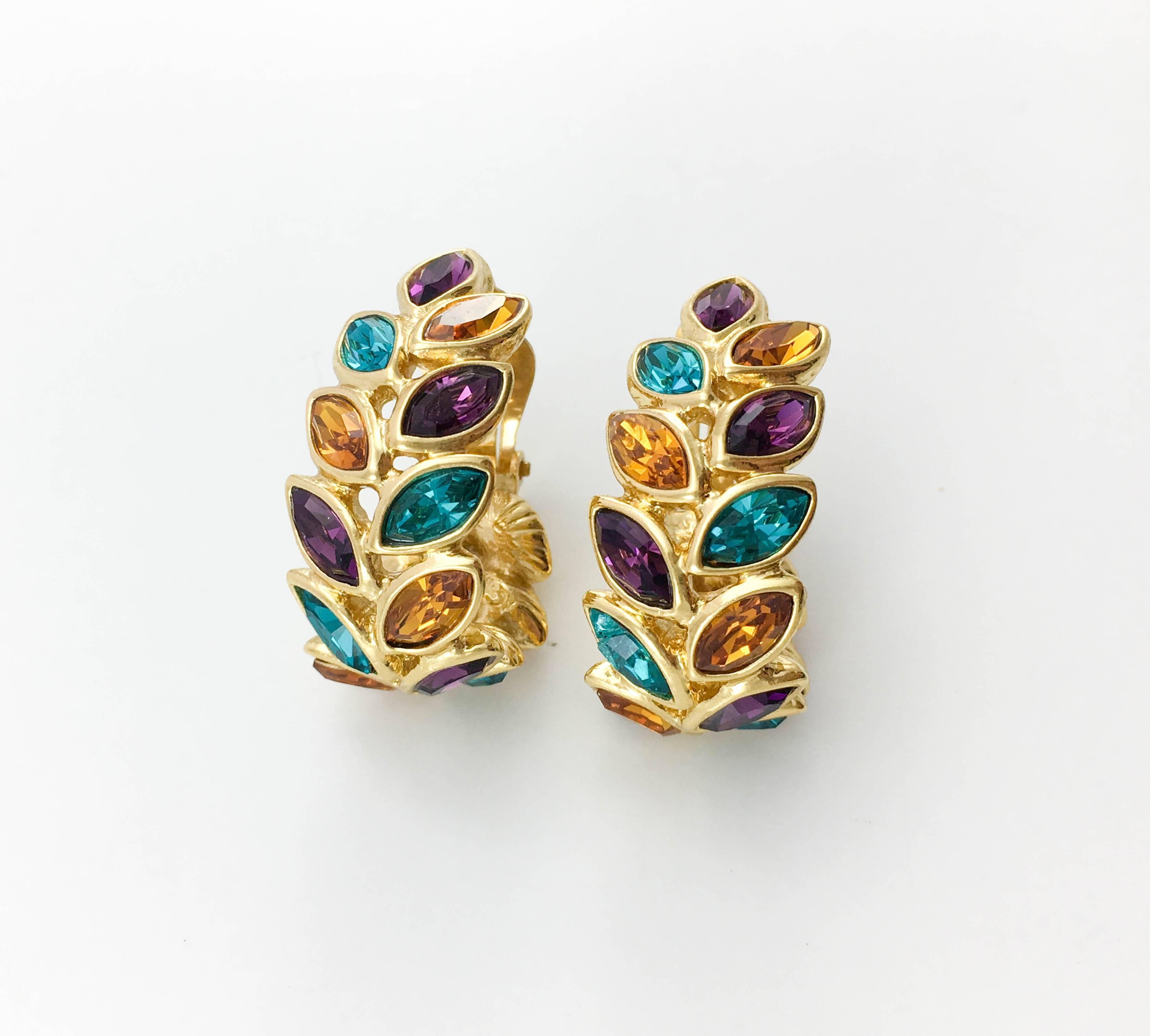 1980s Yves Saint Laurent Crystal Embellished Laurel Earrings 1