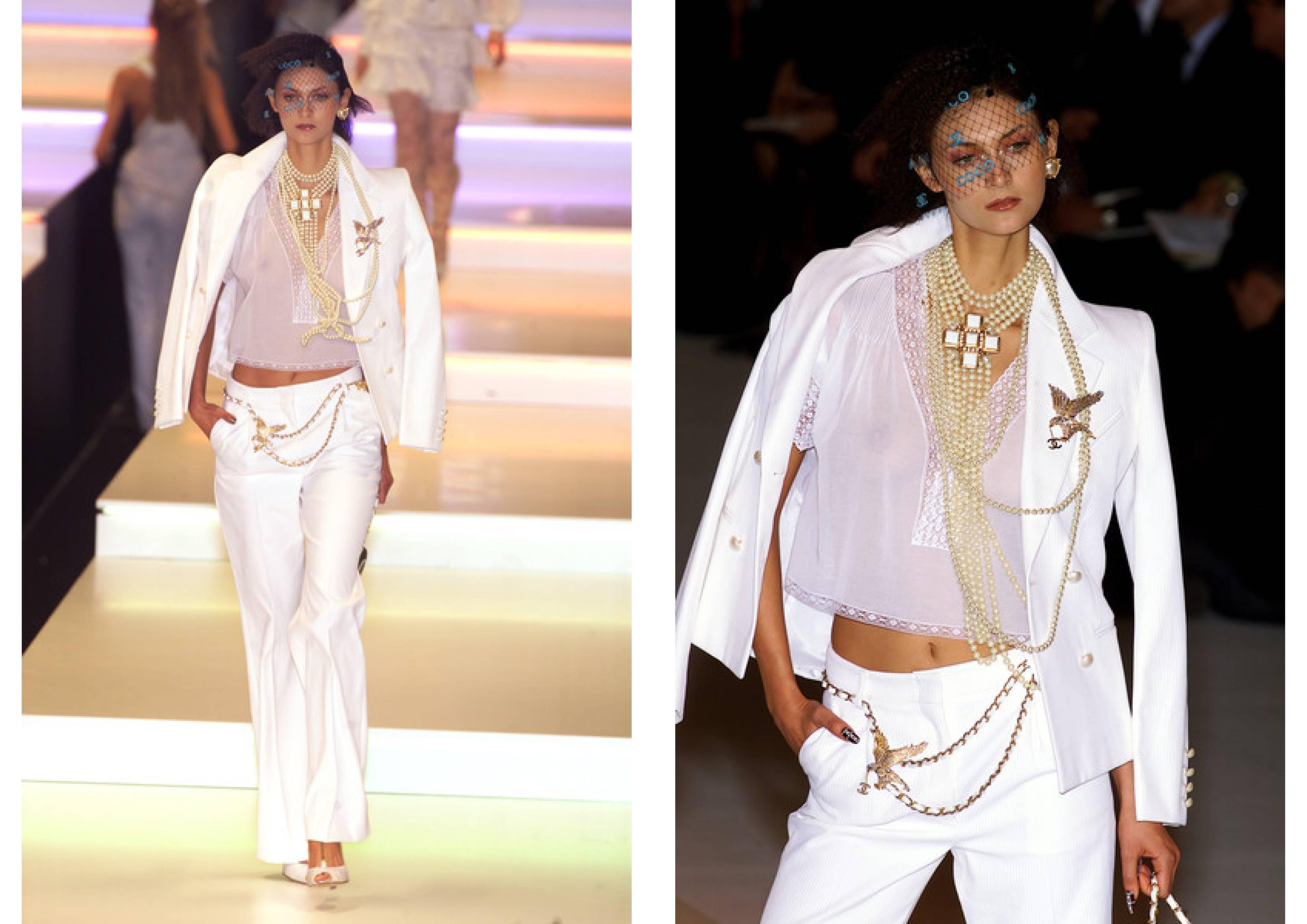 2001 Chanel Runway Look White Pantsuit With Pearl Cabochon Buttons 3