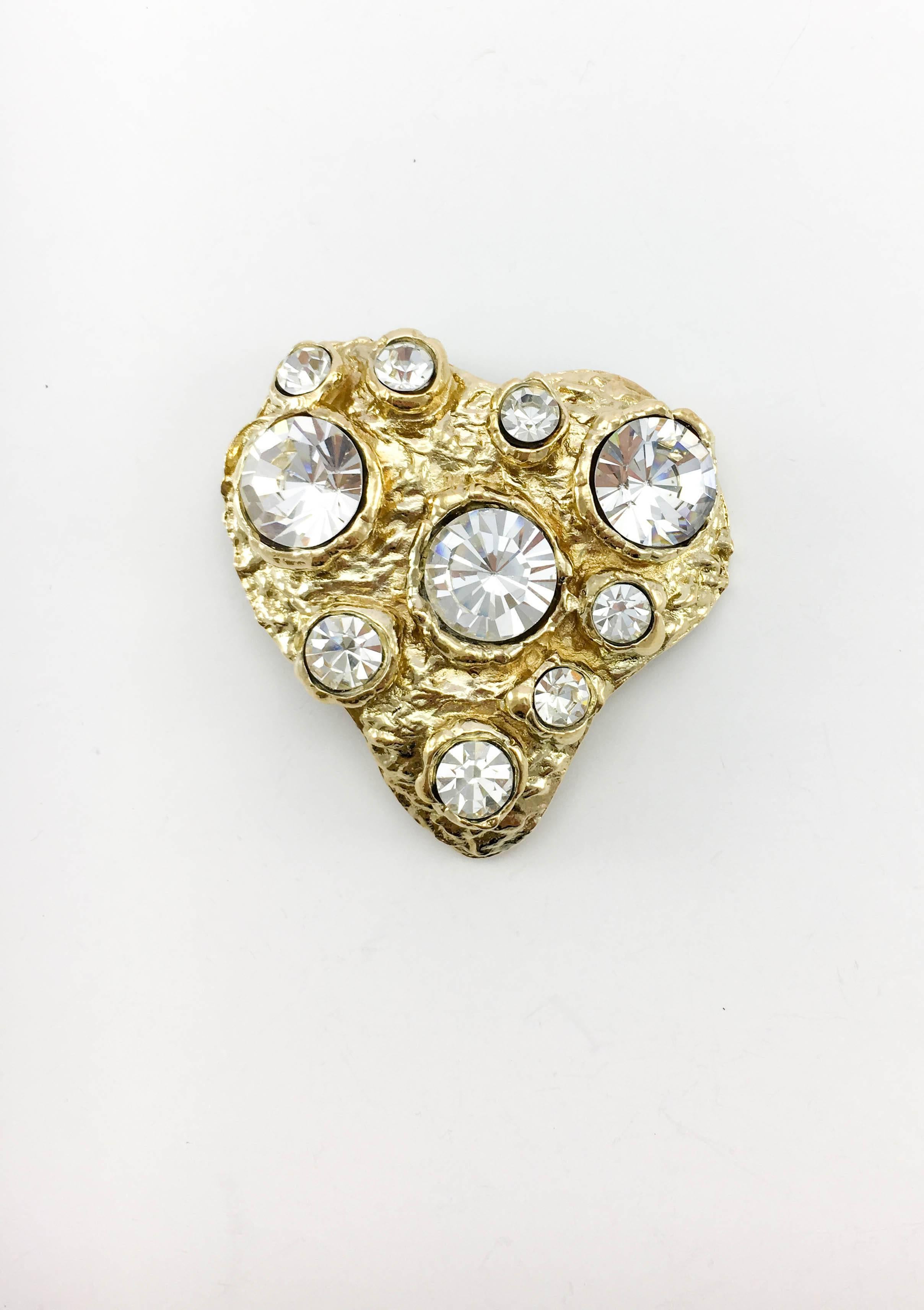 1980s Lacroix Crystal Embellished Gold-Plated Heart Brooch In Excellent Condition In London, Chelsea