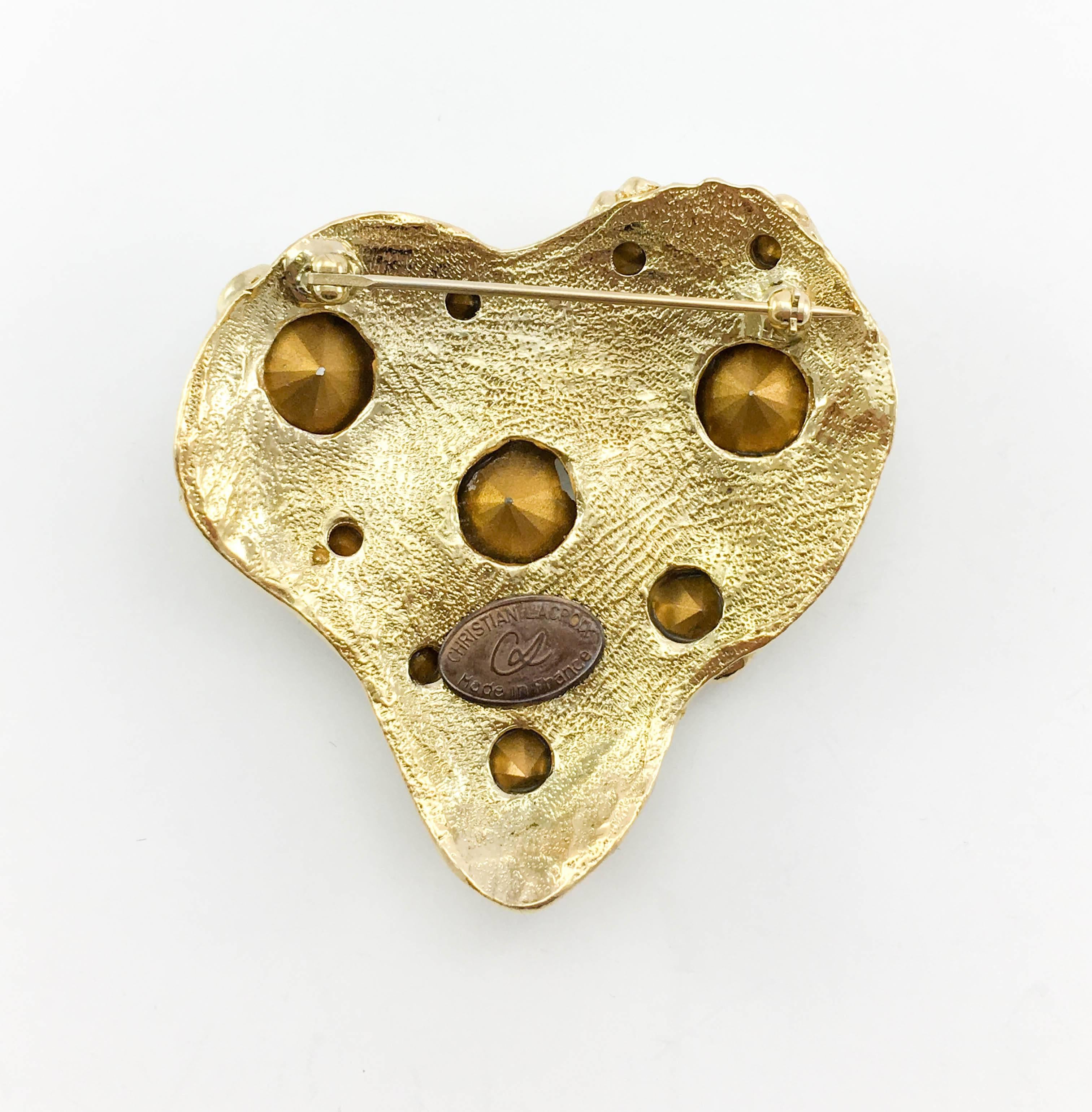 Women's 1980s Lacroix Crystal Embellished Gold-Plated Heart Brooch